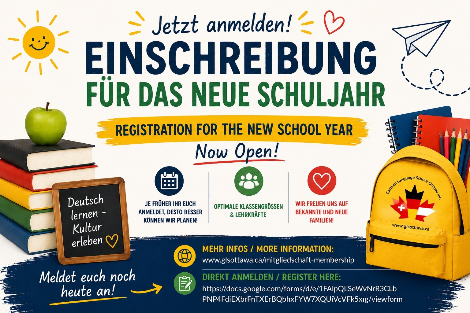 📣 Einschreibung f&uuml;r das neue Schuljahr ist ge&ouml;ffnet!

👉 Je fr&uuml;her ihr euch anmeldet, desto besser k&ouml;nnen wir das kommende Schuljahr planen &ndash; von Klassengr&ouml;&szlig;en bis hin zu Kursangeboten.

ℹ️ Alle Infos findet ihr 