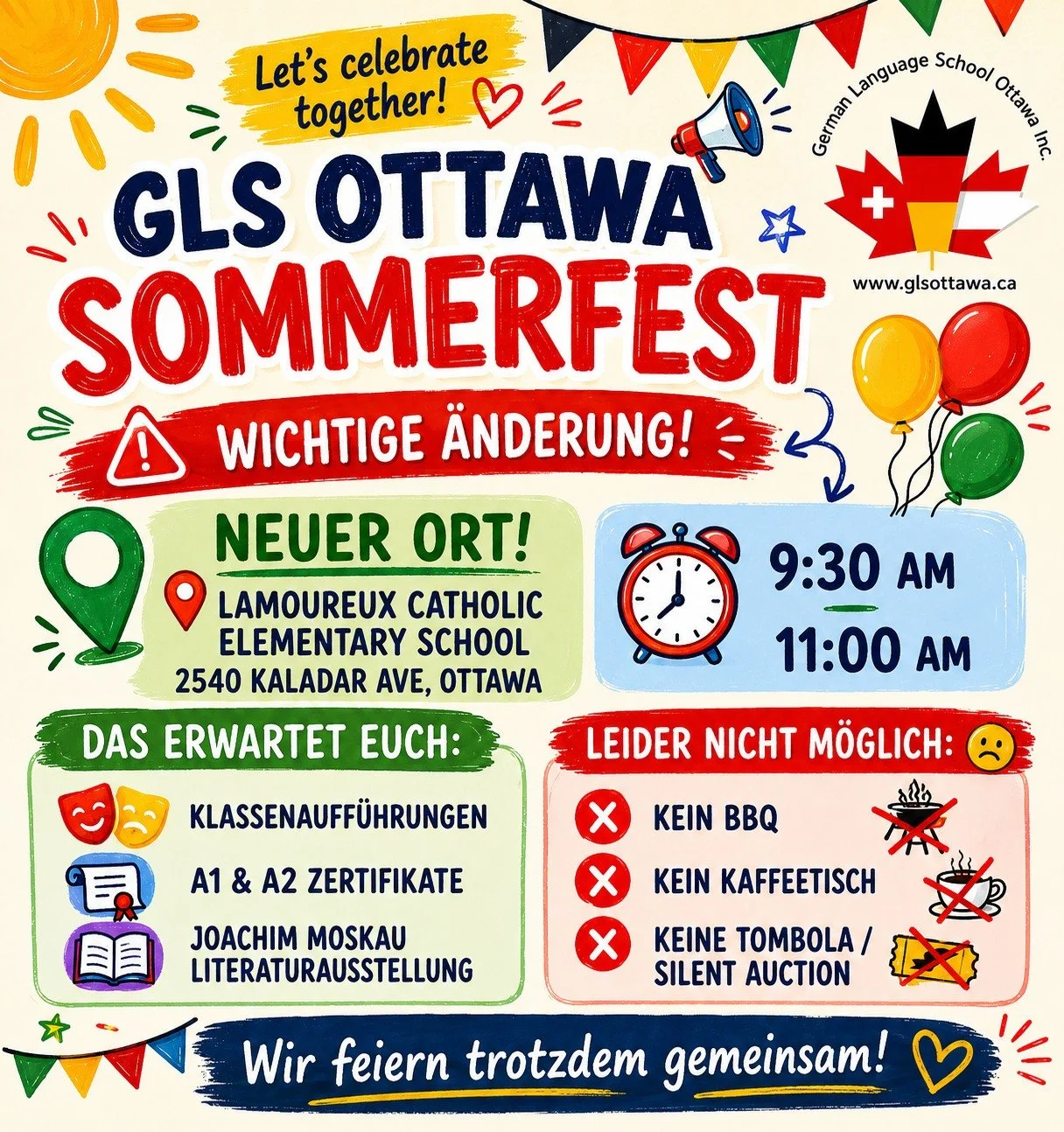 ⚠️ WICHTIGE &Auml;NDERUNG ZUM SOMMERFEST ⚠️

Gestern Abend wurden wir informiert, dass an unserer regul&auml;ren Schule am Samstag der Strom abgeschaltet wird.

Wir wollten unser Sommerfest nicht absagen und haben deshalb kurzfristig eine Alternative