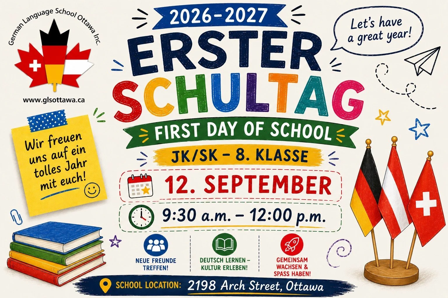 12. September: Erster Schultag f&uuml;r JK/SK - 8. Klasse
_______________________________

September 12: First day of school for JK/SK - grade 8