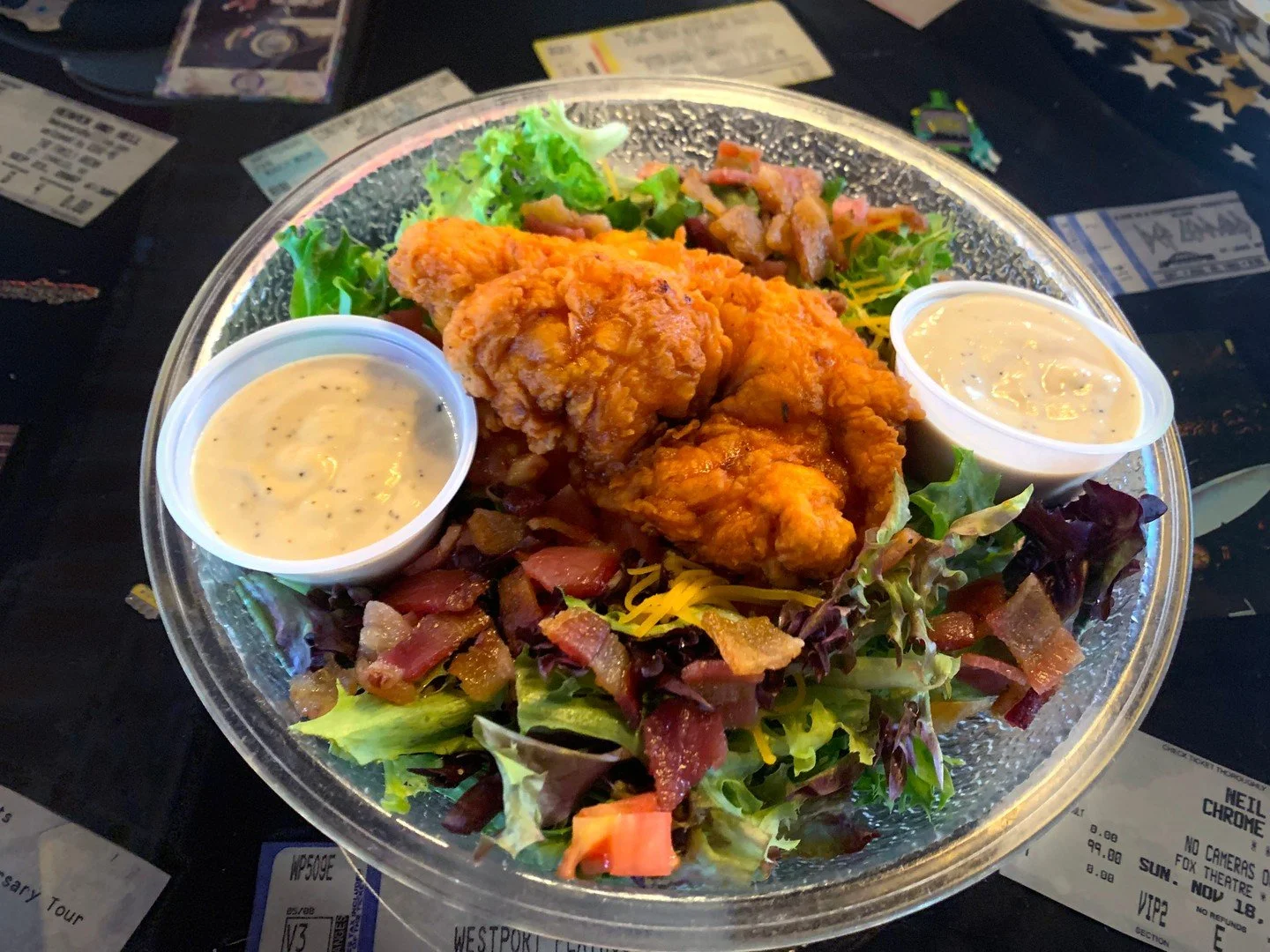 KAREN&rsquo;S SALAD: mixed greens, bacon, shredded cheddar, diced tomatoes and fried hot honey chicken with ranch dressing on the side