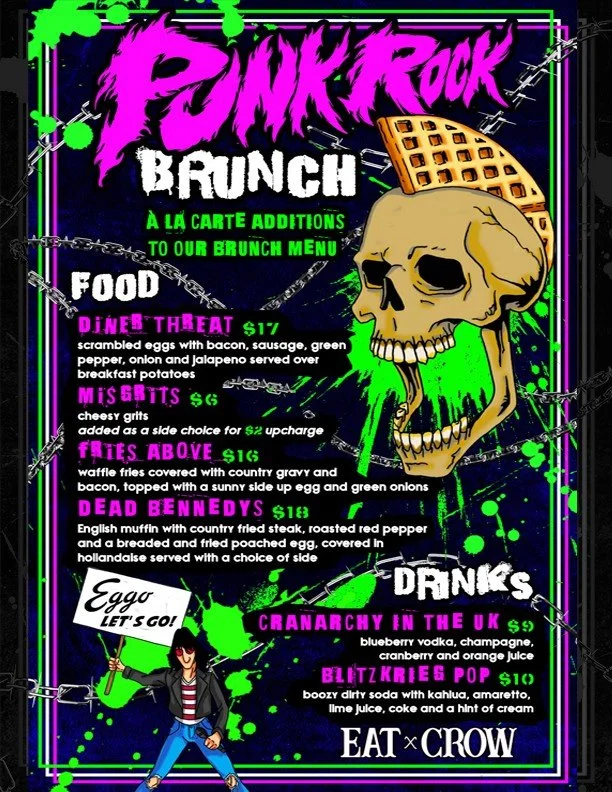 Today, Sunday, May 24th, we are doing a special PUNK ROCK BRUNCH! We will have special, &agrave; la carte themed additions to our brunch menu from 11 am to 2 pm! The Joy of Pancakes (@thejoyofpancakes) will also be there, making the punkest pancake a