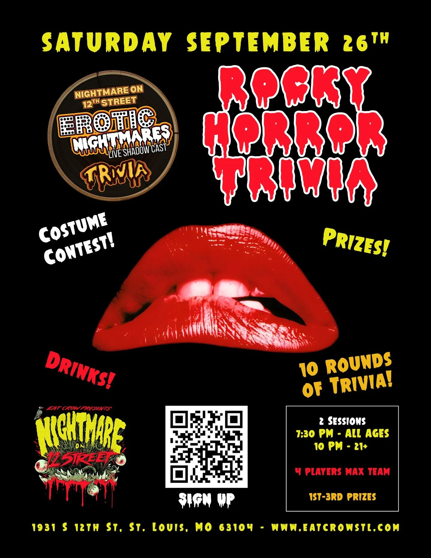 🎃 ROCKY HORROR TRIVIA IS COMING TO NIGHTMARE ON 12th STREET 👄

Think you know your Transylvanians? Prove it. ⚡️

Join Erotic Nightmares for 10 rounds of Rocky Horror trivia, drinks, prizes &amp; a costume contest at Nightmare on 12th Street!

📅 Sa