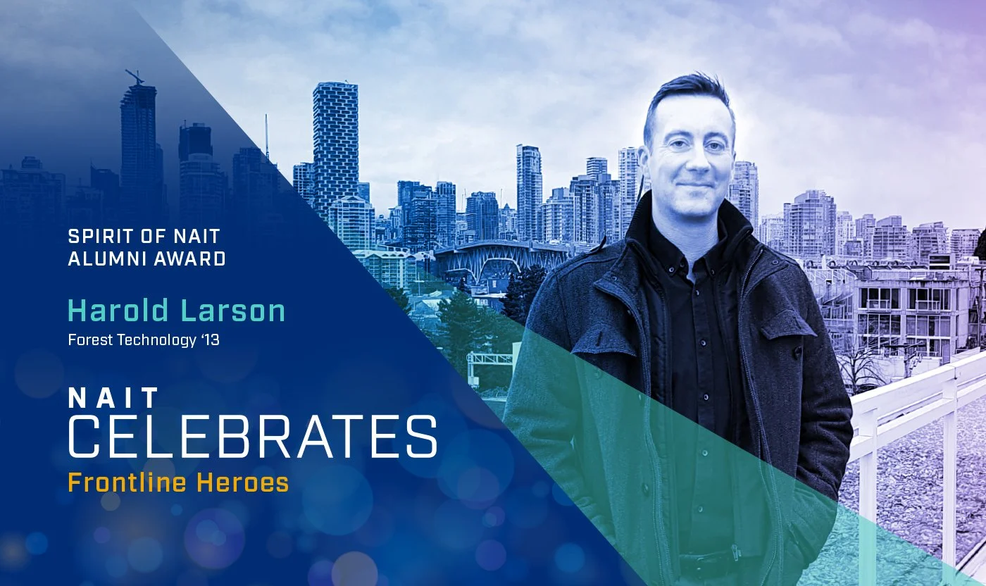 A digital graphic with a city skyline background and a photo of Harold Larson on the right, celebrating the NAIT Spirit of NAIT Alumni Award for Frontline Heroes.