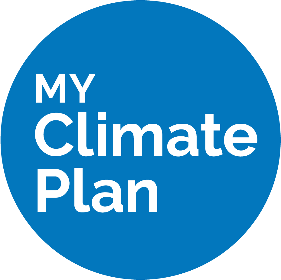 A blue circle with white text that reads "My Climate Plan."