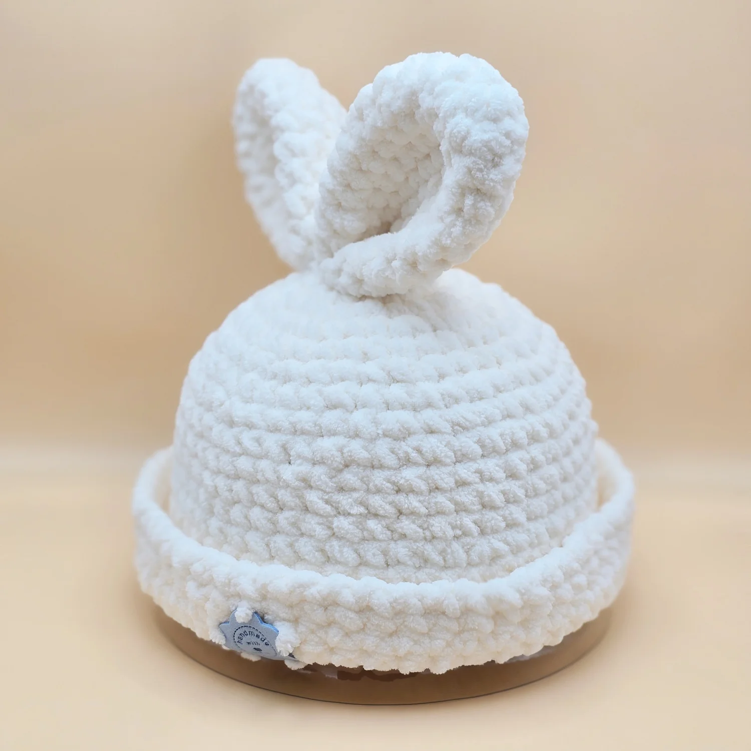 Hand Knit Rabbit Hat Adult OS Wool Blend Cream With Black Accents Rabbit Wool Knit Hat, Cream Winter Beanie, Warm Beret  main image 2