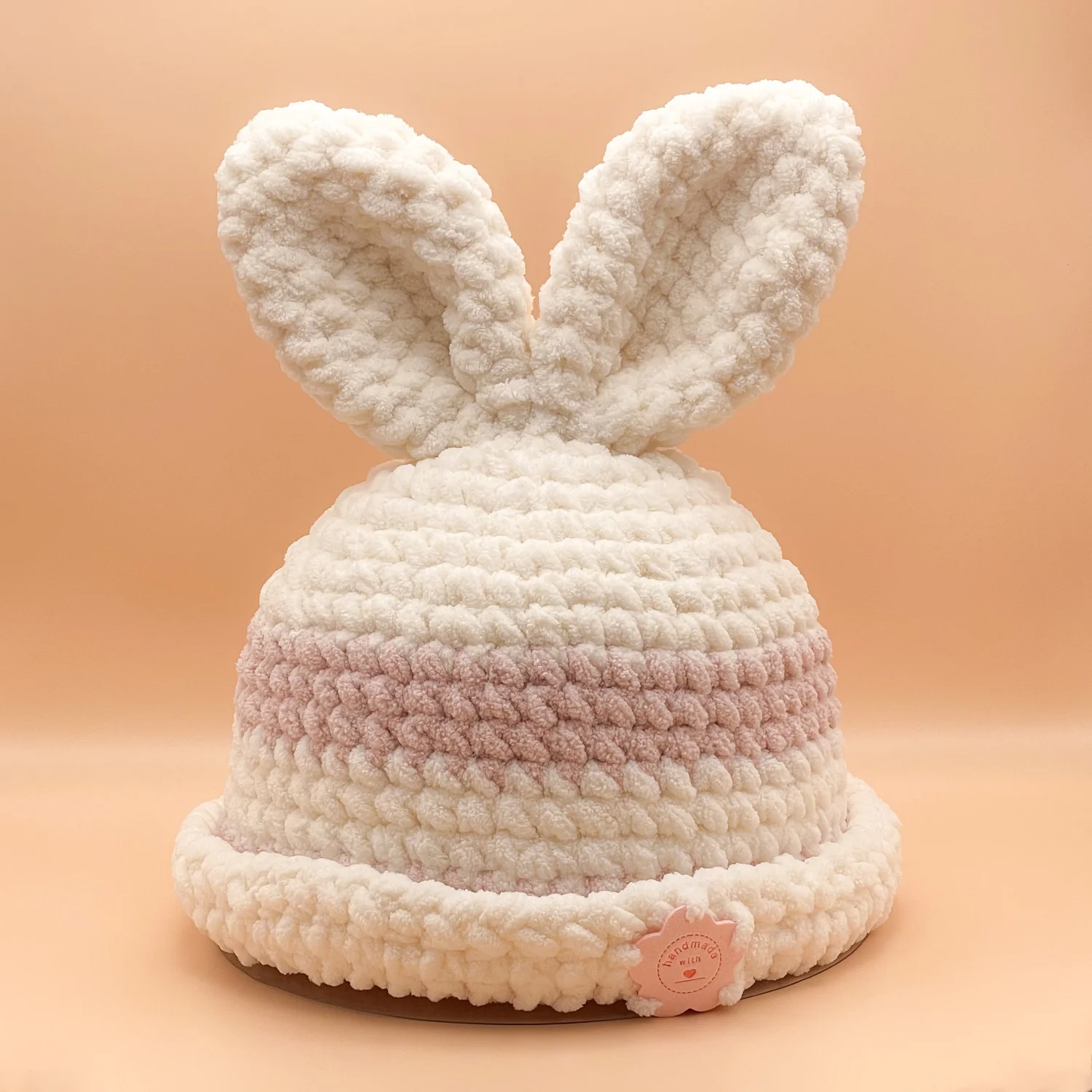 Hand Knit Rabbit Hat Adult OS Wool Blend Cream With Black Accents Bailey Bunny Hand-Knit Hat - White with Gray Ears – The  main image 3