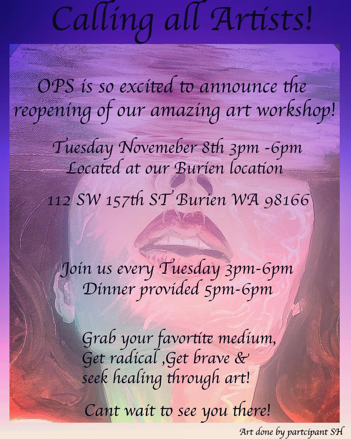 The ART WORKSHOP is finally back !
Up and running and in person on Tuesdays  3-6pm, right after Movement &amp; Mindfulness group (1-2pm) Dinner too!
We can't wait!