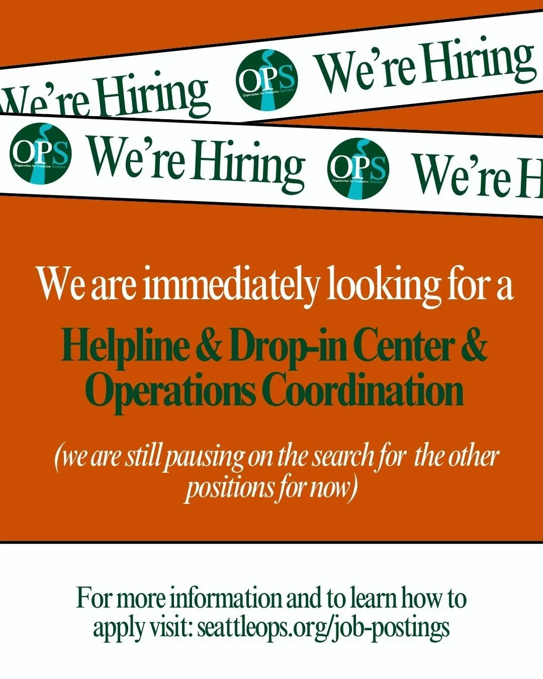 OPS is currently seeking an Operations &amp; Drop-In Coordinator to join our team! 

This is the ONLY position we&rsquo;re hiring for at the moment, as our other roles are currently on pause.

💼 About the Role:

You'll oversee helpline coordination,
