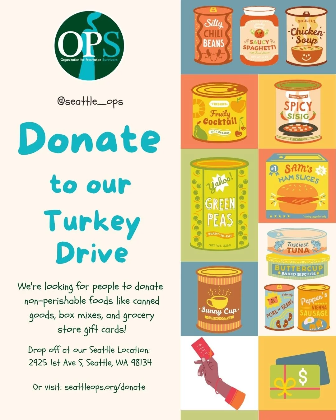 🍂 🦃 Help us make a difference this Thanksgiving! 🦃 🍂

We&rsquo;re hosting a Turkey Drive and need your support! 

Donate non-perishable foods like canned goods, box mixes, or grocery store gift cards to help our survivors in need this holiday sea