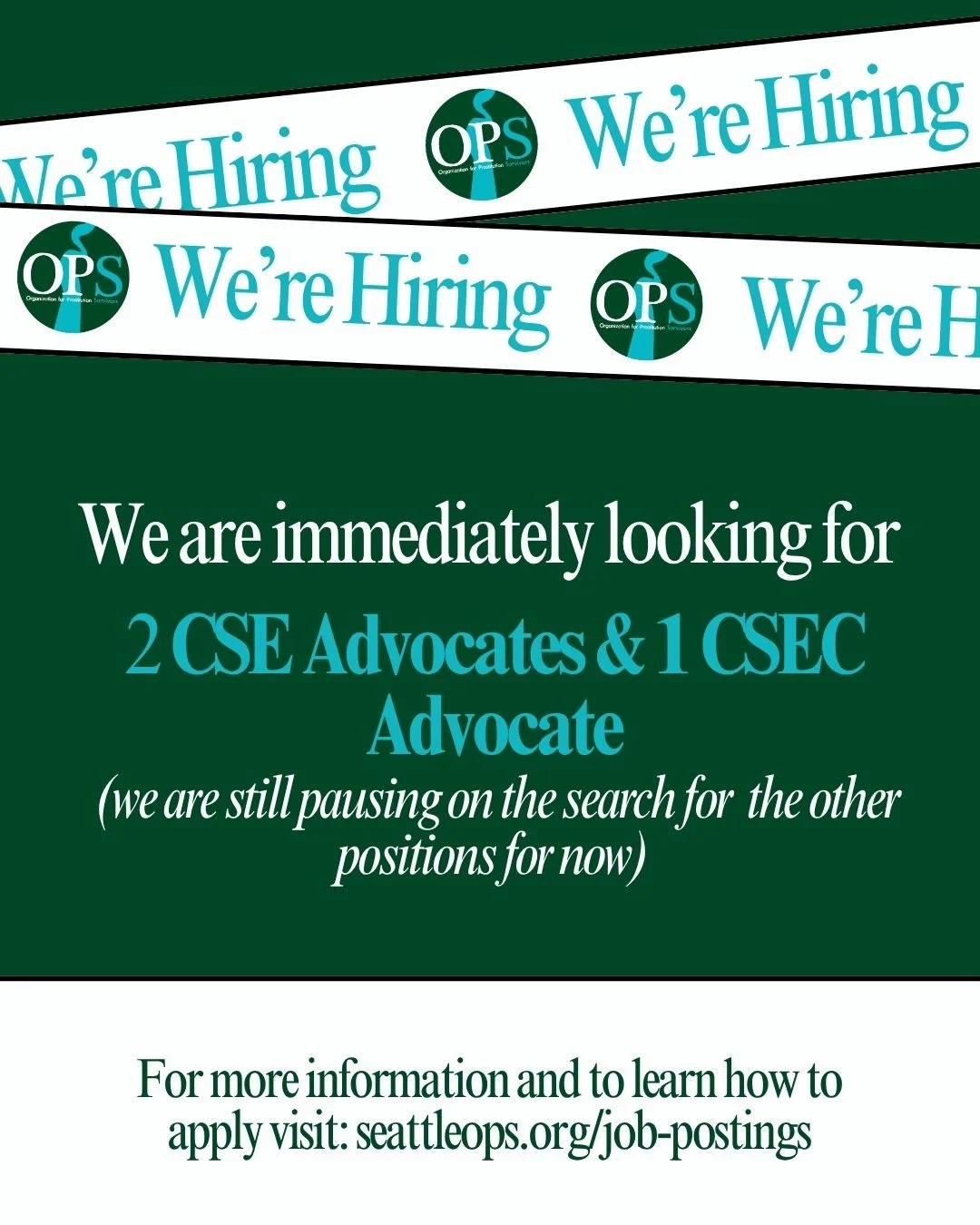 We're Hiring: Join Our Mission! 🌟

Right now, we're looking to expand our passionate team with 2 CSE Survivor Advocates and 1 CSEC Advocate.

What We Offer:
&bull; Full-time positions, 36 hrs/week, based in Seattle, Washington.
&bull; In-person work
