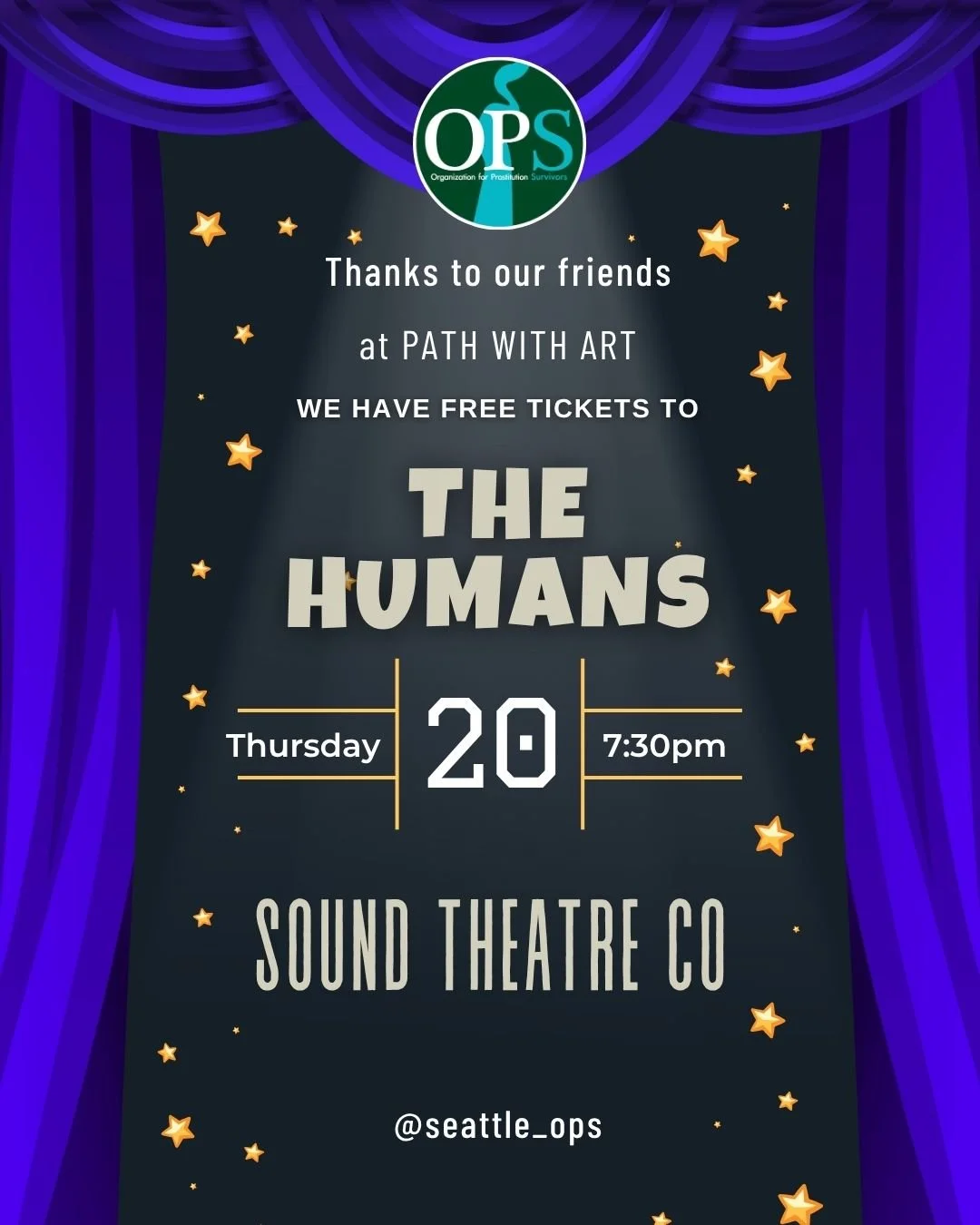 🎭✨ We're thrilled to announce that thanks to our generous friends at Path with Art, we have 12 FREE tickets exclusively for survivors to the November 20th, 7:30 PM performance of &quot;The Humans&quot; by Sound Theatre Company. 

Directed by the tal