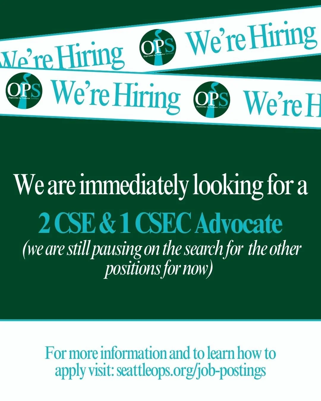 Right now, we're looking to expand our passionate team with 2 CSE Survivor Advocates and 1 CSEC Advocate.

What We Offer:

&bull; Full-time positions, 36 hrs/week, based in Seattle, Washington.
&bull; A diverse and supportive team environment, majori