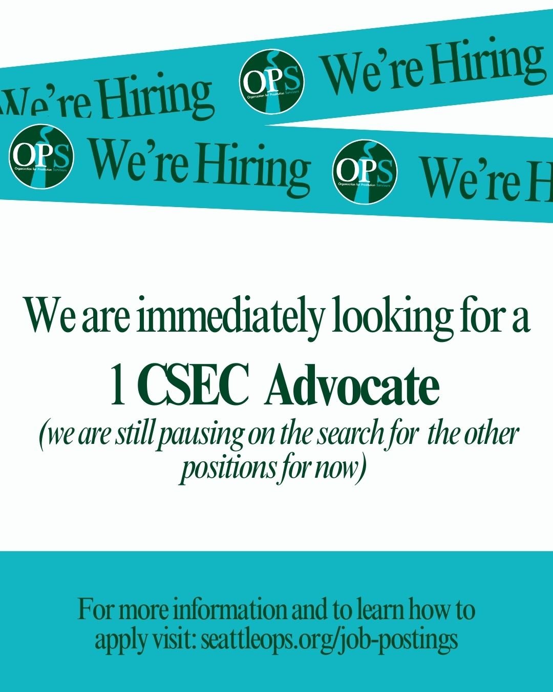 Right now, we're looking to expand our passionate team with 1 CSEC Advocate.

What We Offer:
&bull; Full-time positions, 36 hrs/week, based in Seattle, Washington.
&bull; In-person work covering vital intervention, recovery services, and community ou