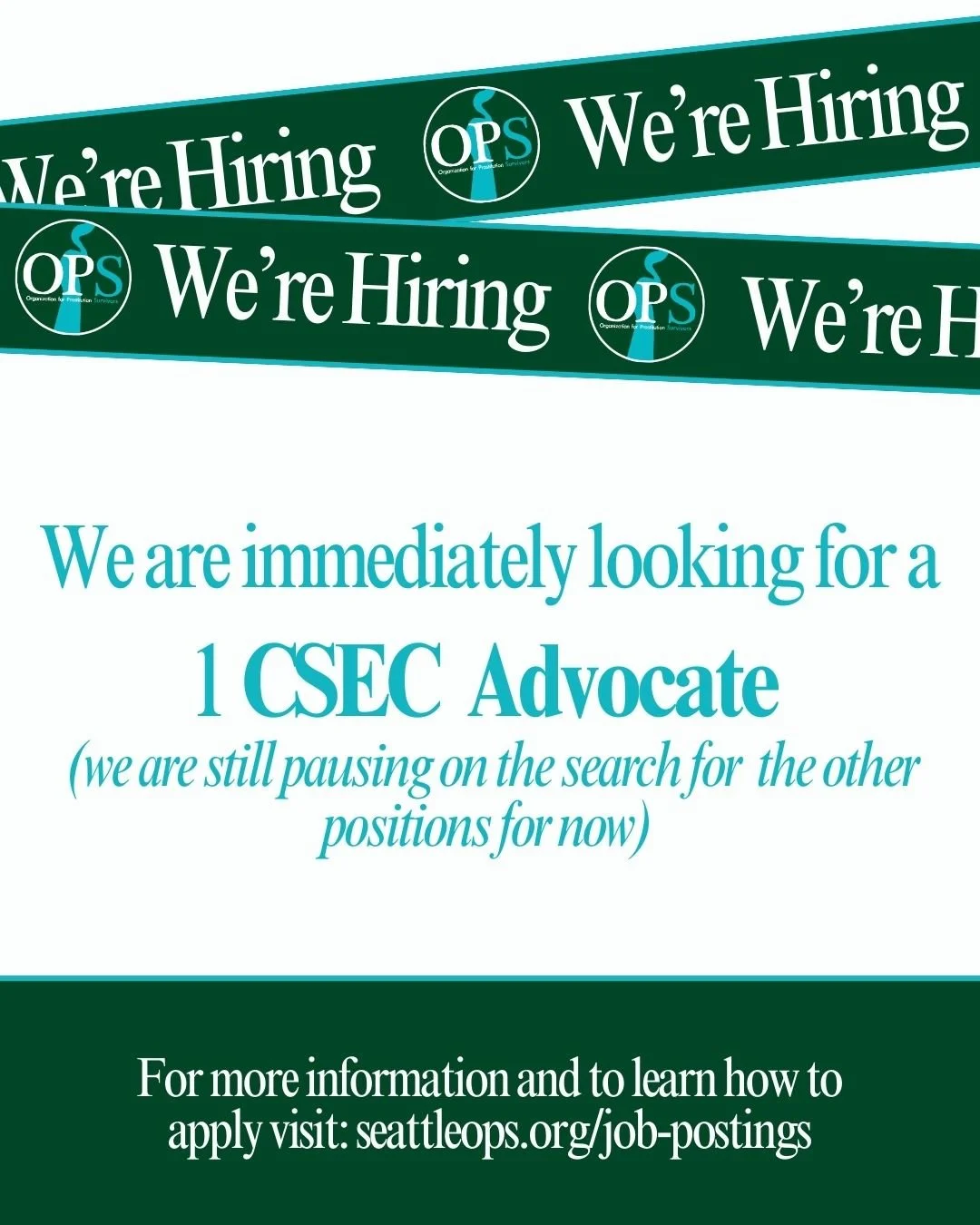 Right now, we're looking to expand our passionate team with 1 CSEC Advocate.

What We Offer:

&bull; Full-time positions, 36 hrs/week, based in Seattle, Washington.
&bull; In-person work covering vital intervention, recovery services, and community o