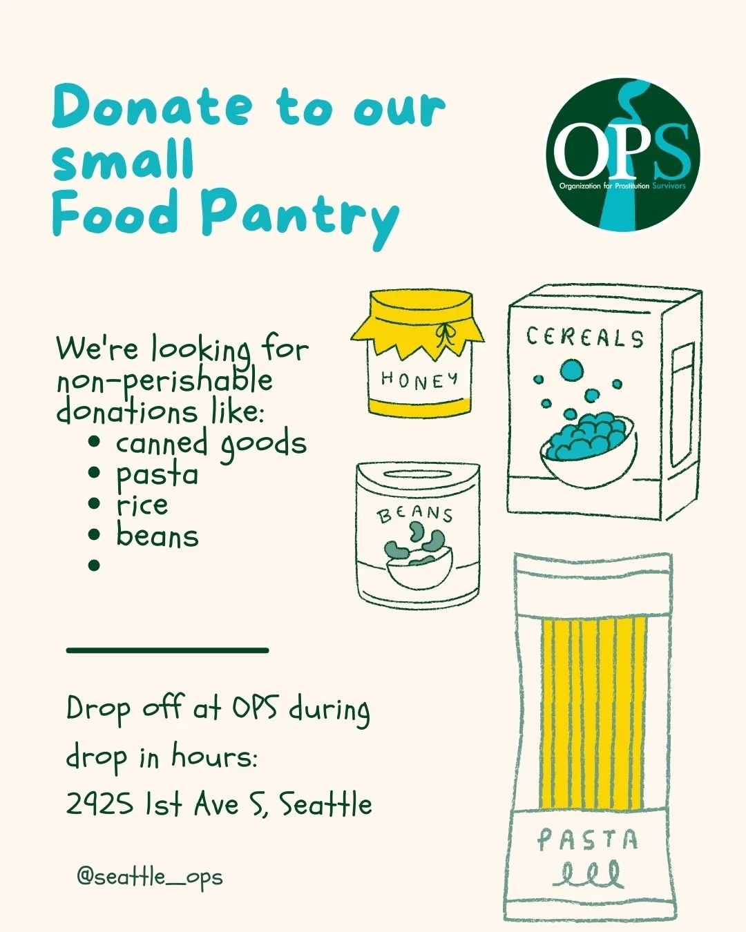 We're thrilled to share a new shelf at OPS&mdash;a mini food pantry dedicated to survivors embracing their path to empowerment. 

We warmly welcome your contributions of non-perishable goods, including pasta, sauces, canned goods, cereals, box mixes,