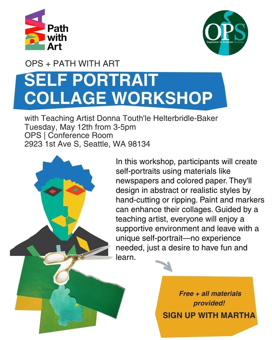 Join OPS and @pathwithart for a nurturing and creative afternoon where *you* are the masterpiece!

This Self-Portrait Collage Workshop invites you to piece together your unique self-expression using a colorful array of materials&mdash;newspapers, mag