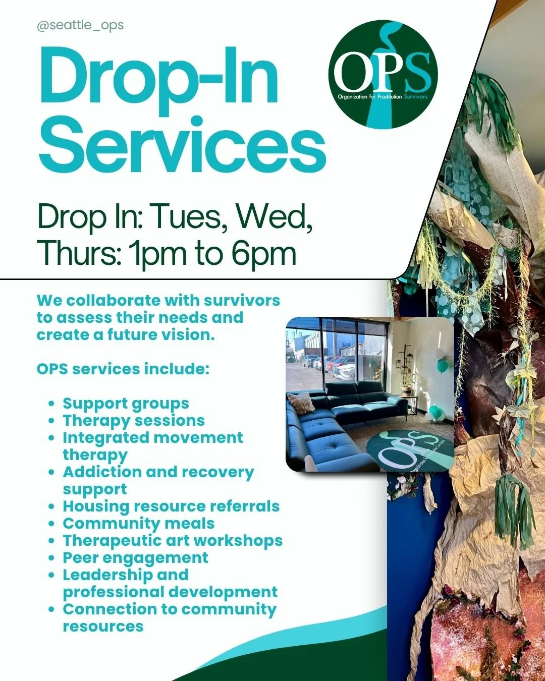 ✨At OPS, we walk alongside survivors, helping them identify their needs and build a vision for their healing journey and the life they deserve. 

Our drop-in hours (Tuesday, Wednesday, Thursday from 1pm-6pm) are a safe and welcoming space, offering a