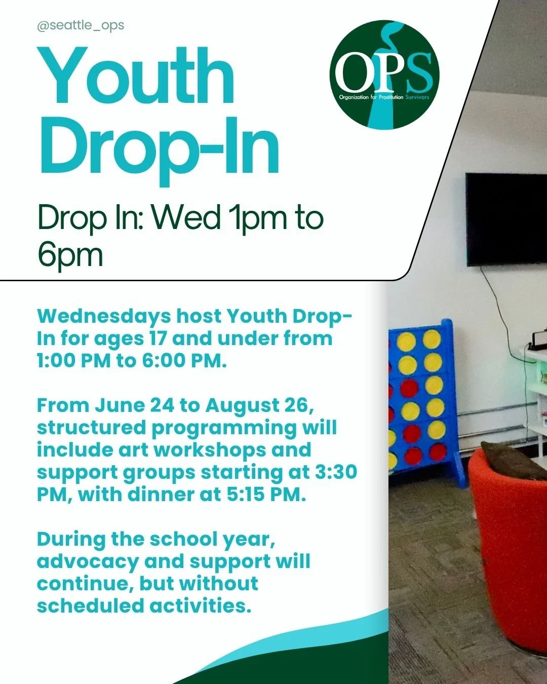 Every Wednesday, we welcome youth survivors up to 17 years old to our Youth Drop-In from 1:00 PM to 6:00 PM. 

This summer, from June 24th through August 26th, we're adding even more value with structured programming! 

Join us for art workshops and 