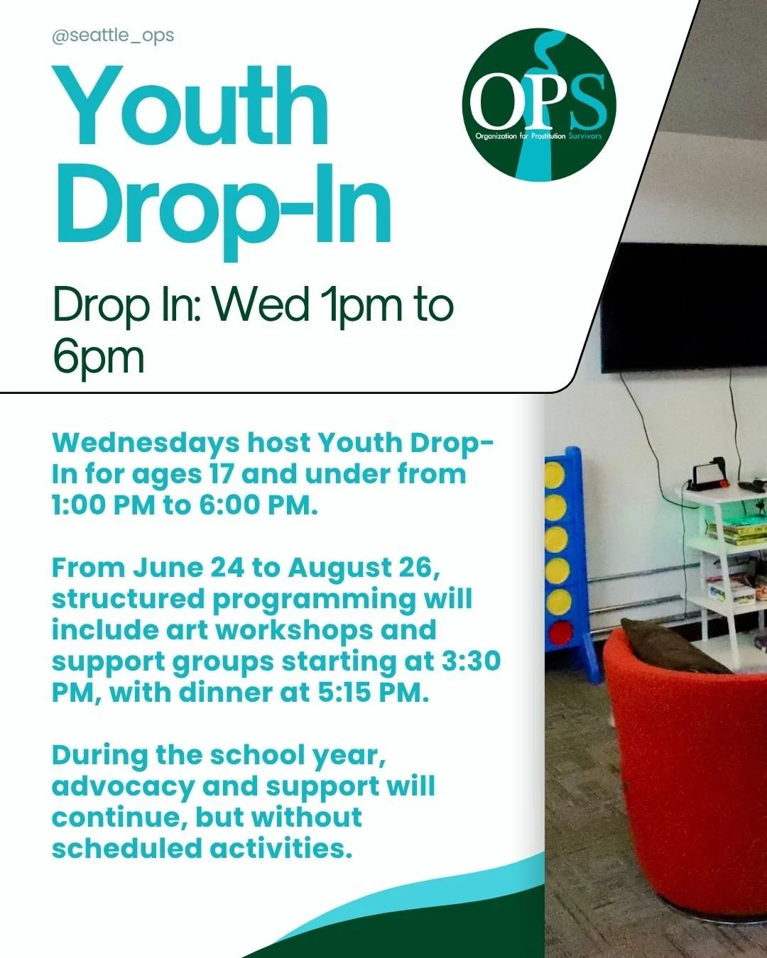 Every Wednesday, we welcome youth survivors up to 17 years old to our Youth Drop-In from 1:00 PM to 6:00 PM. 

This summer, from June 24th through August 26th, we're adding even more value with structured programming! 

Join us for art workshops and 