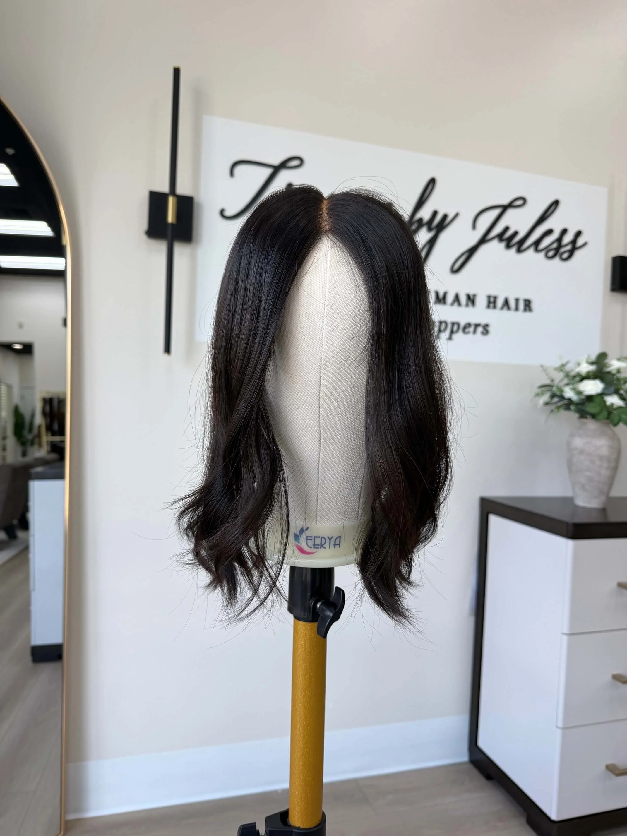 18-inch brown European human hair topper with a Feather Silque base