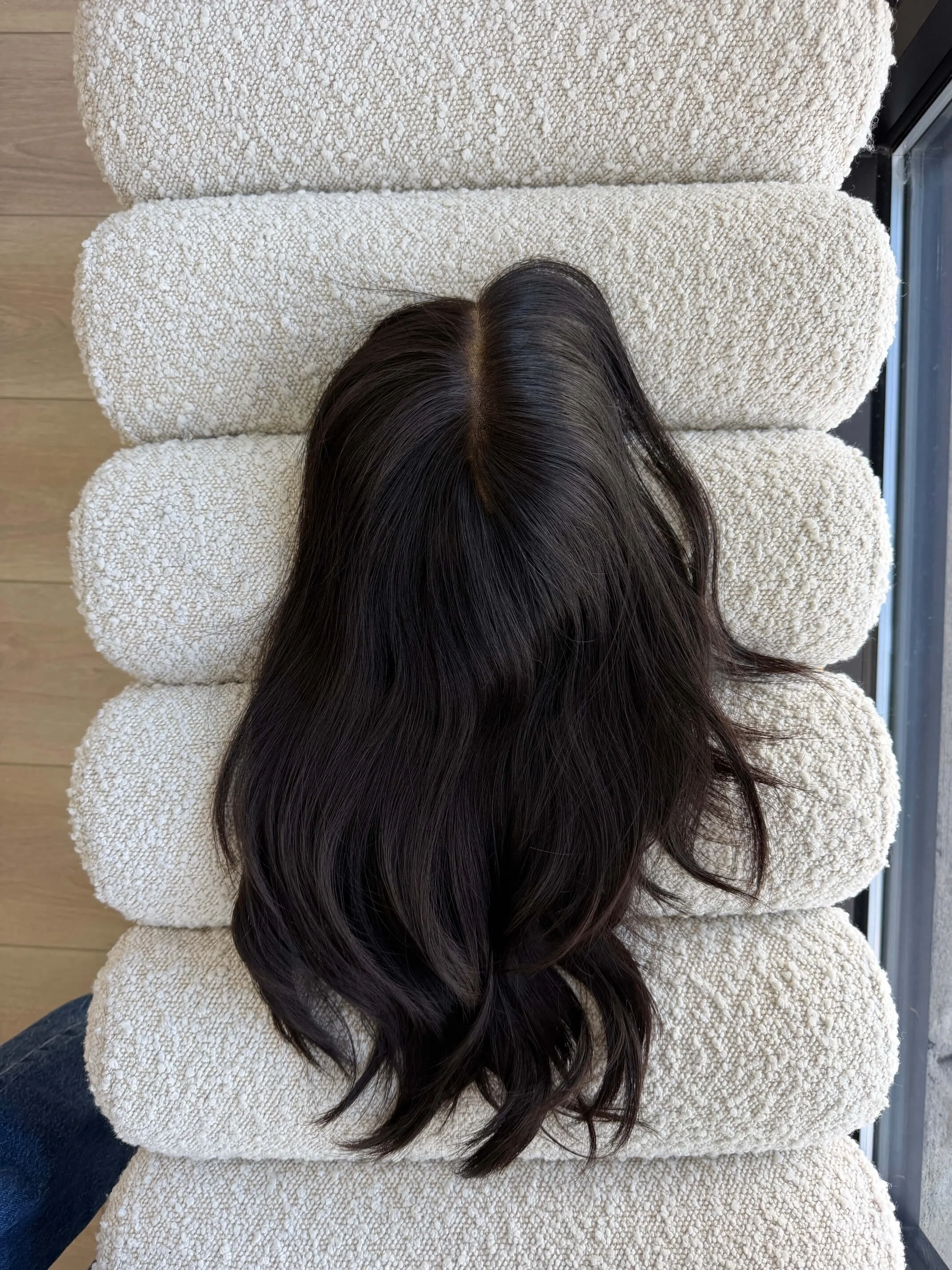 18-inch brown European human hair topper with a Feather Silque base