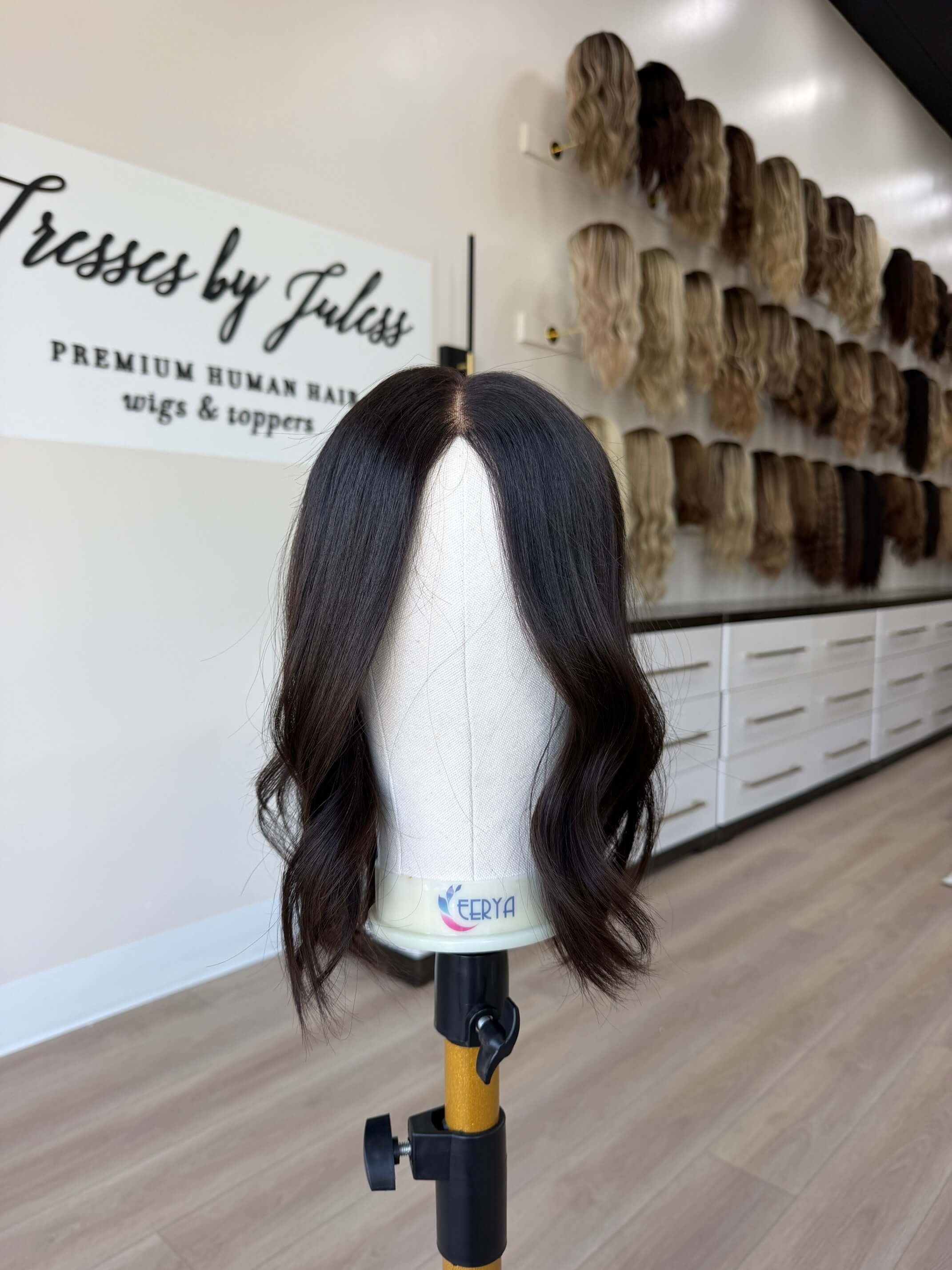 18-inch brown human hair topper with a Velvet Luxe base