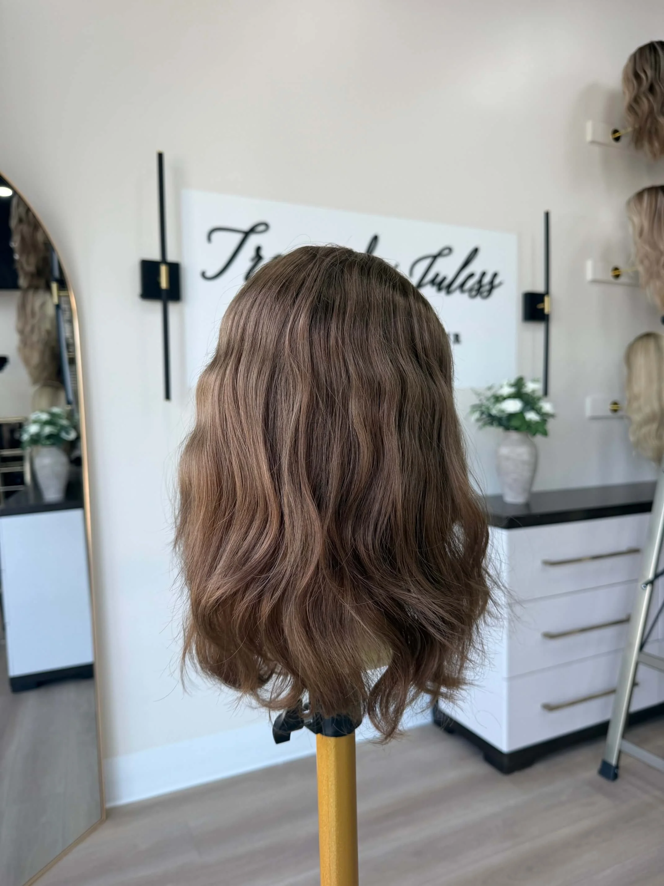 24-inch brown human hair wig, glueless construction