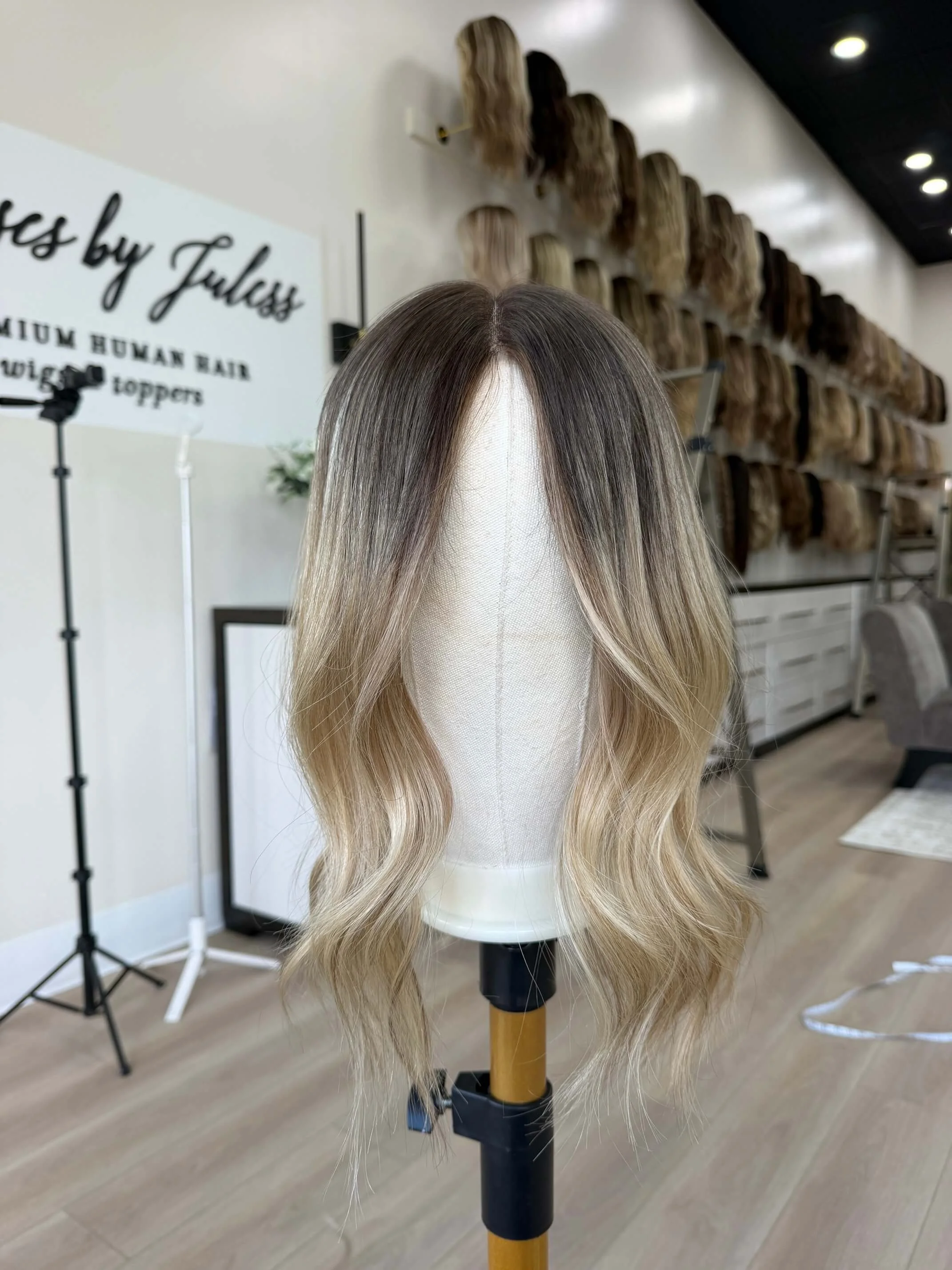 19-inch bronde human hair topper with a Velvet Luxe base
