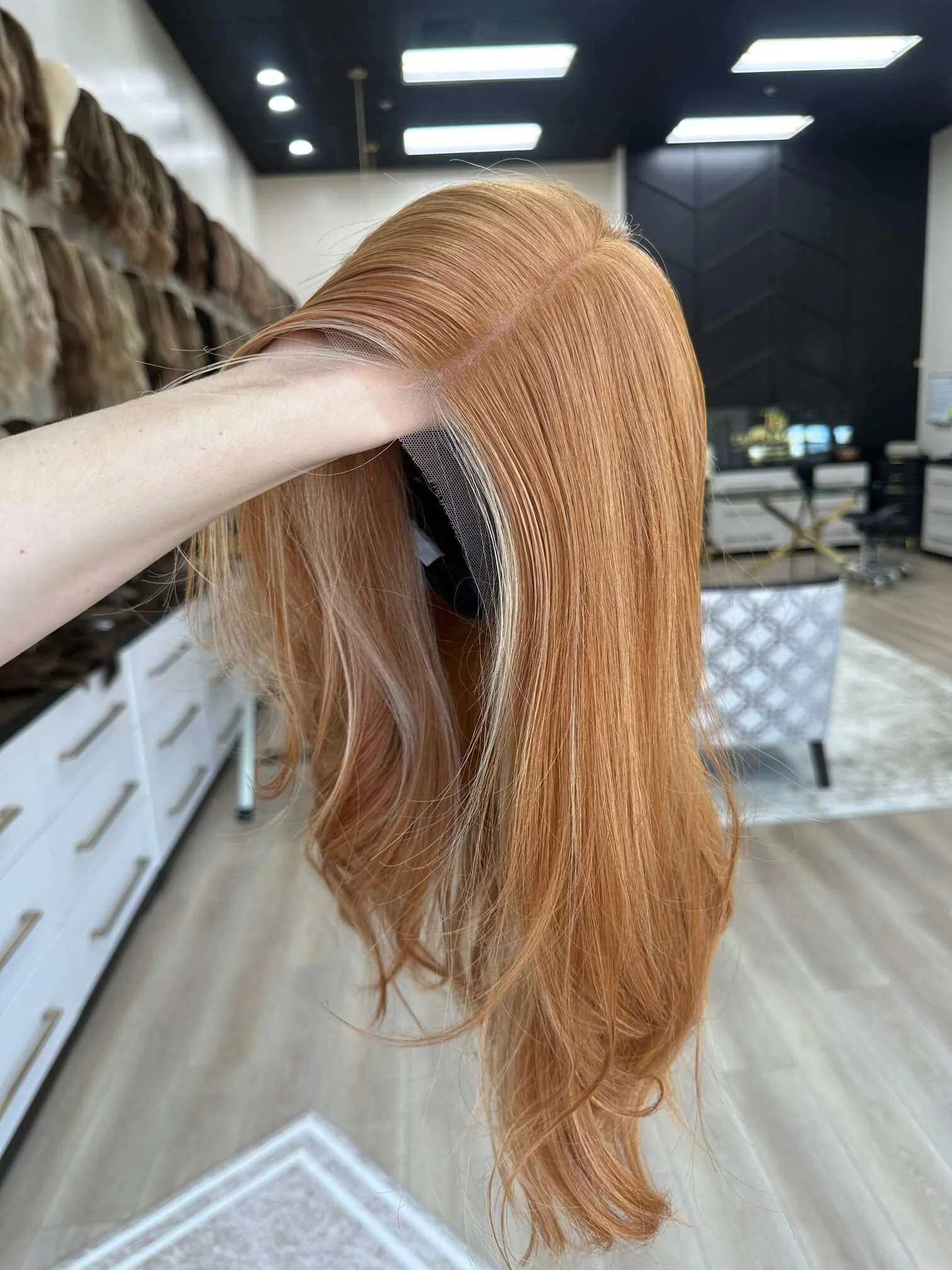 20-inch red human hair wig with a Velvet Luxe base