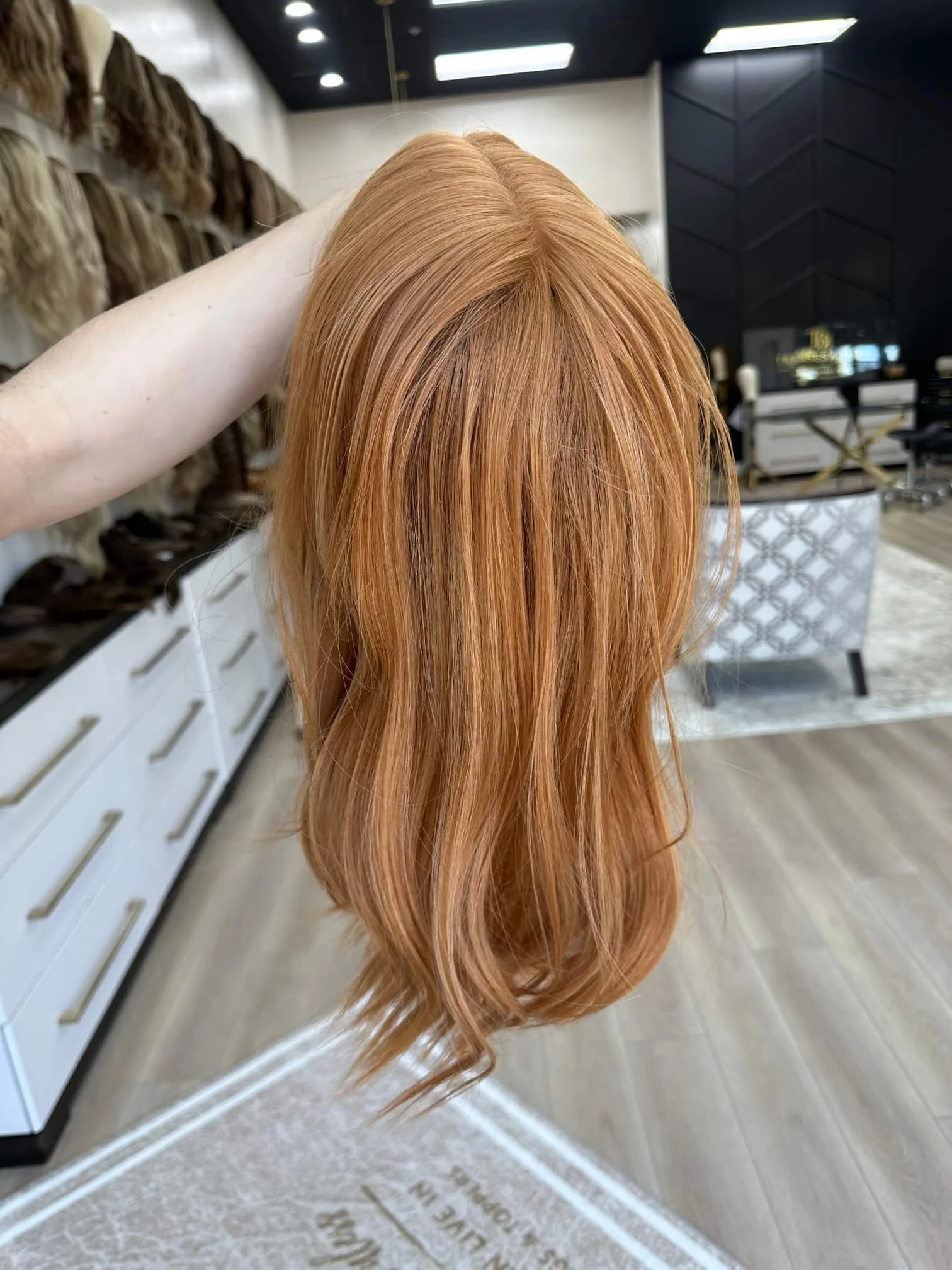 20-inch red human hair wig with a Velvet Luxe base