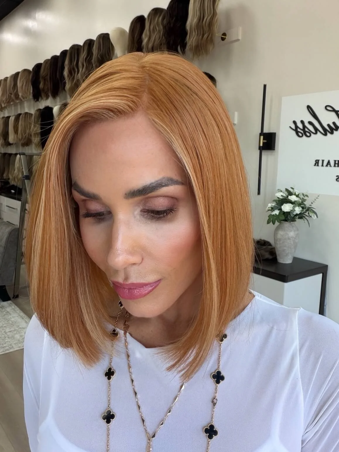 13-inch red human hair wig with a Velvet Luxe base