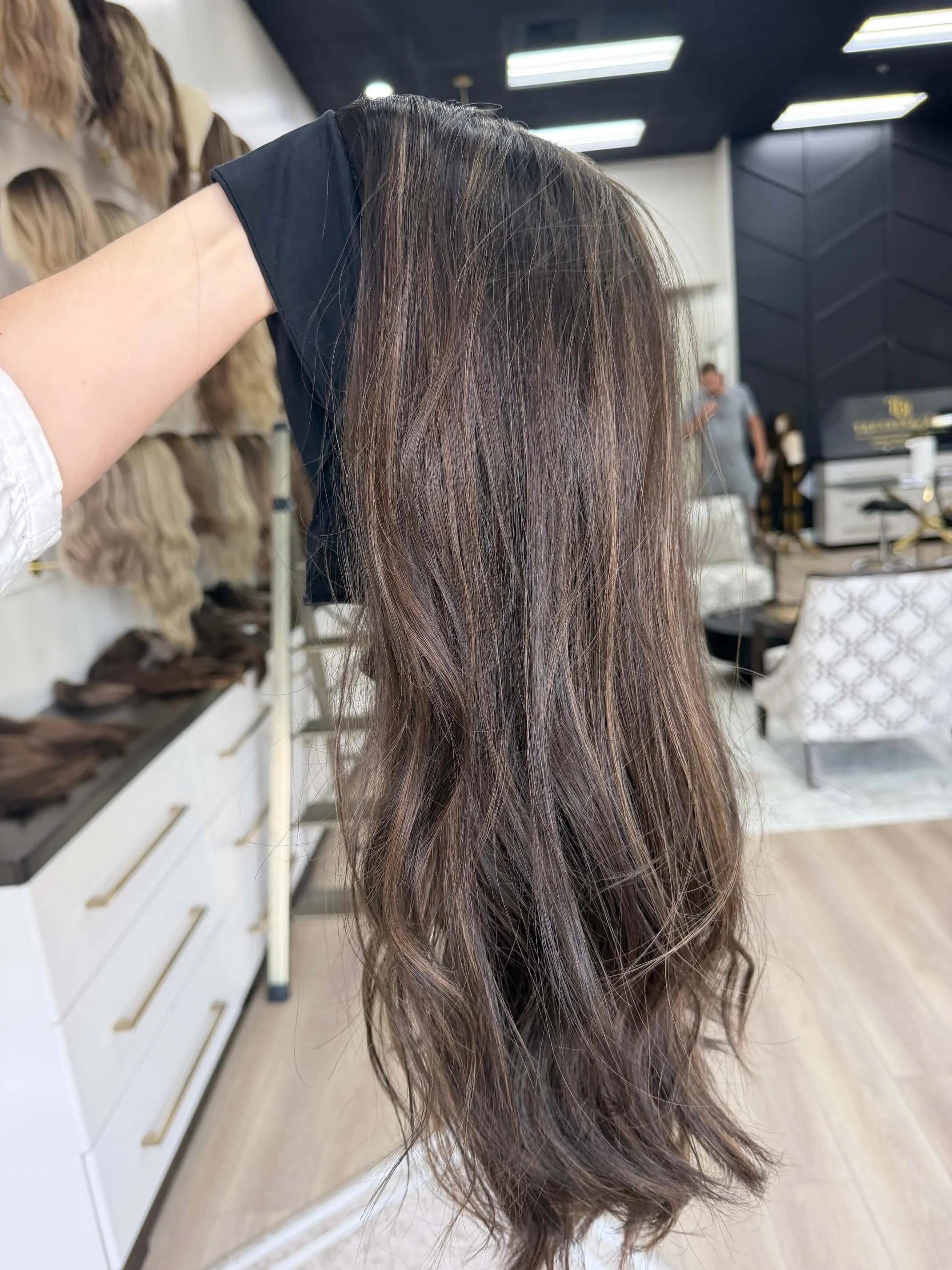 24-inch brown human hair wig with a Velvet Luxe base