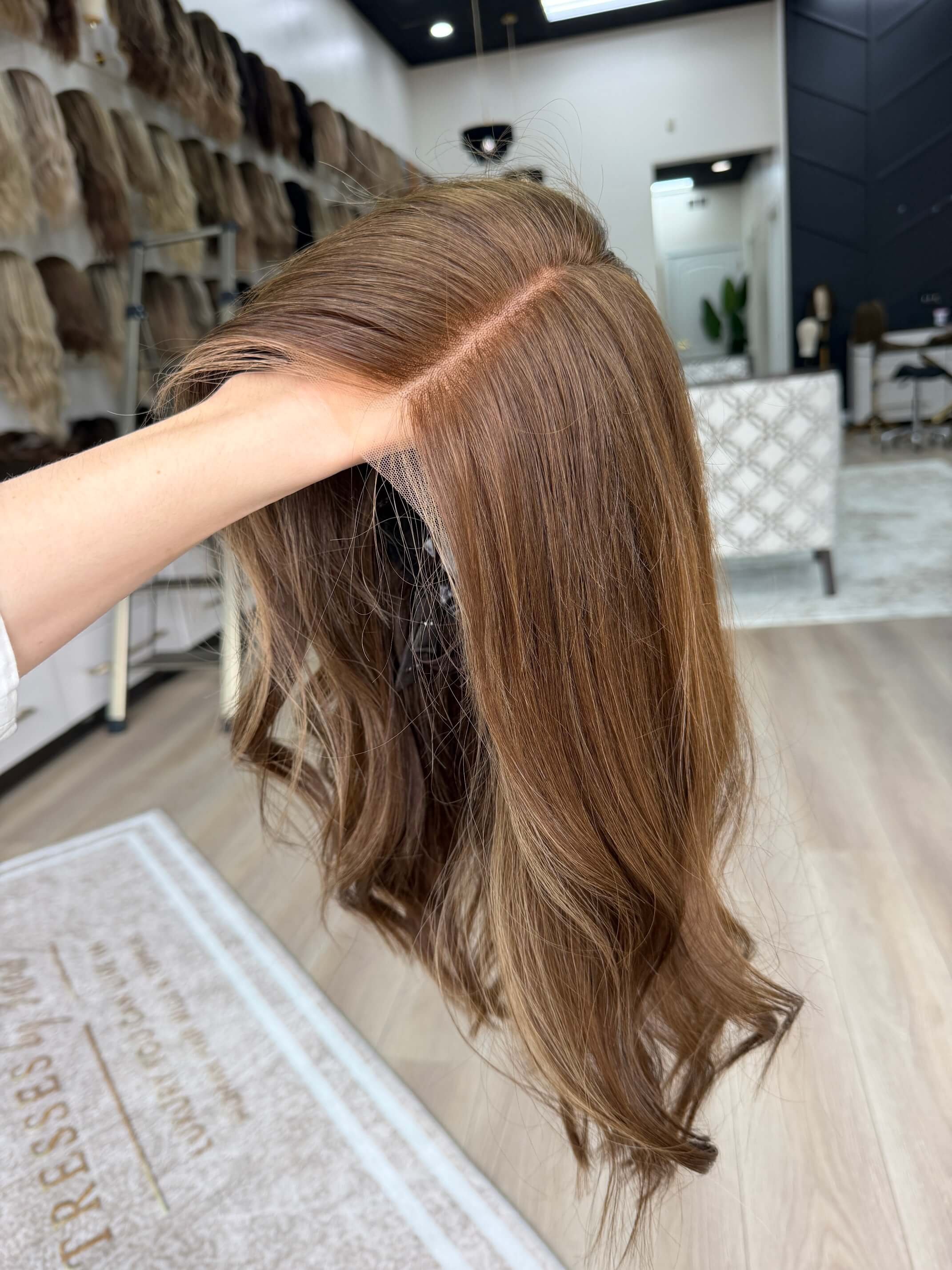 20-inch brown human hair wig with a Velvet Luxe base