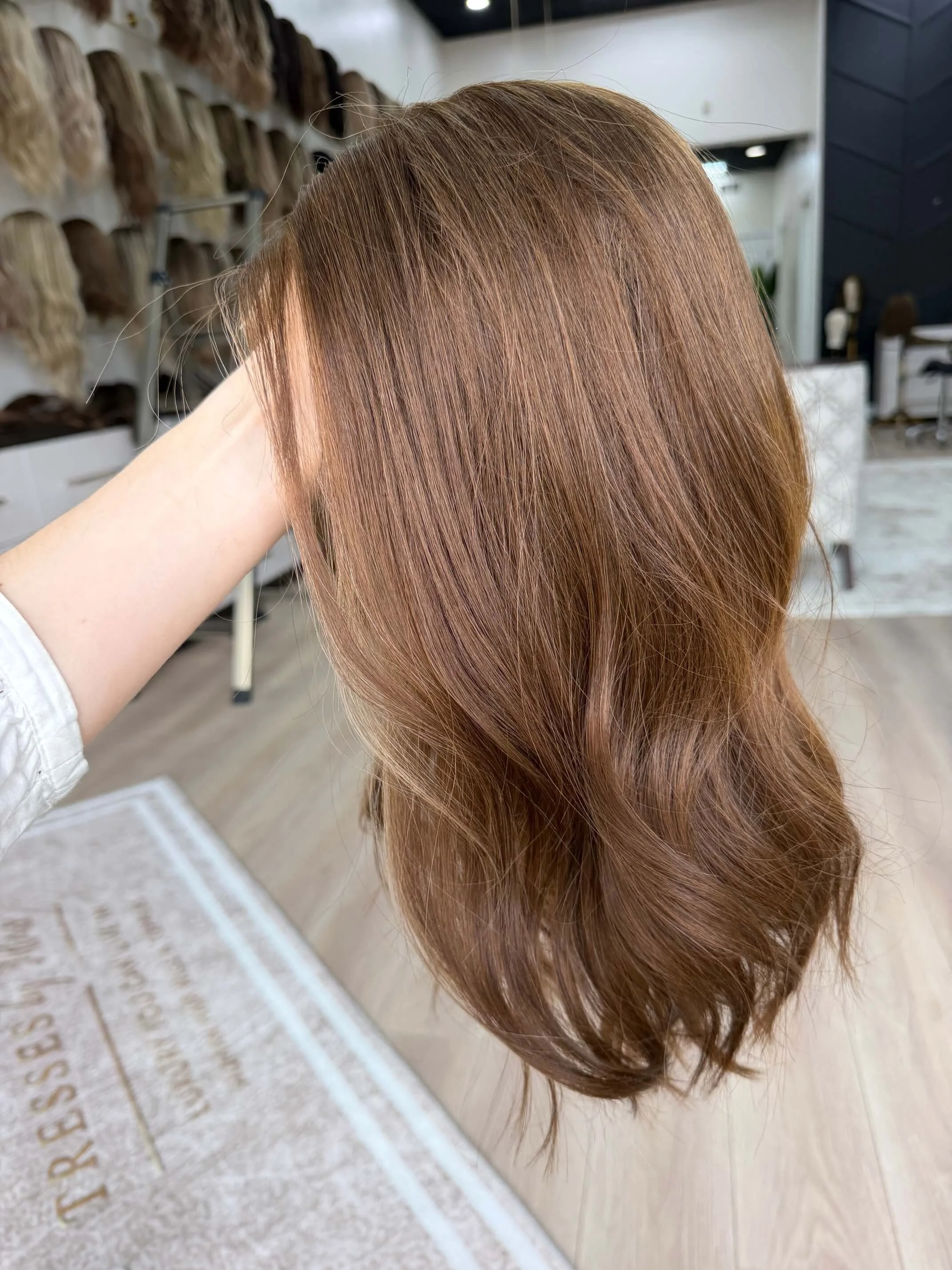 20-inch brown human hair wig, glueless construction