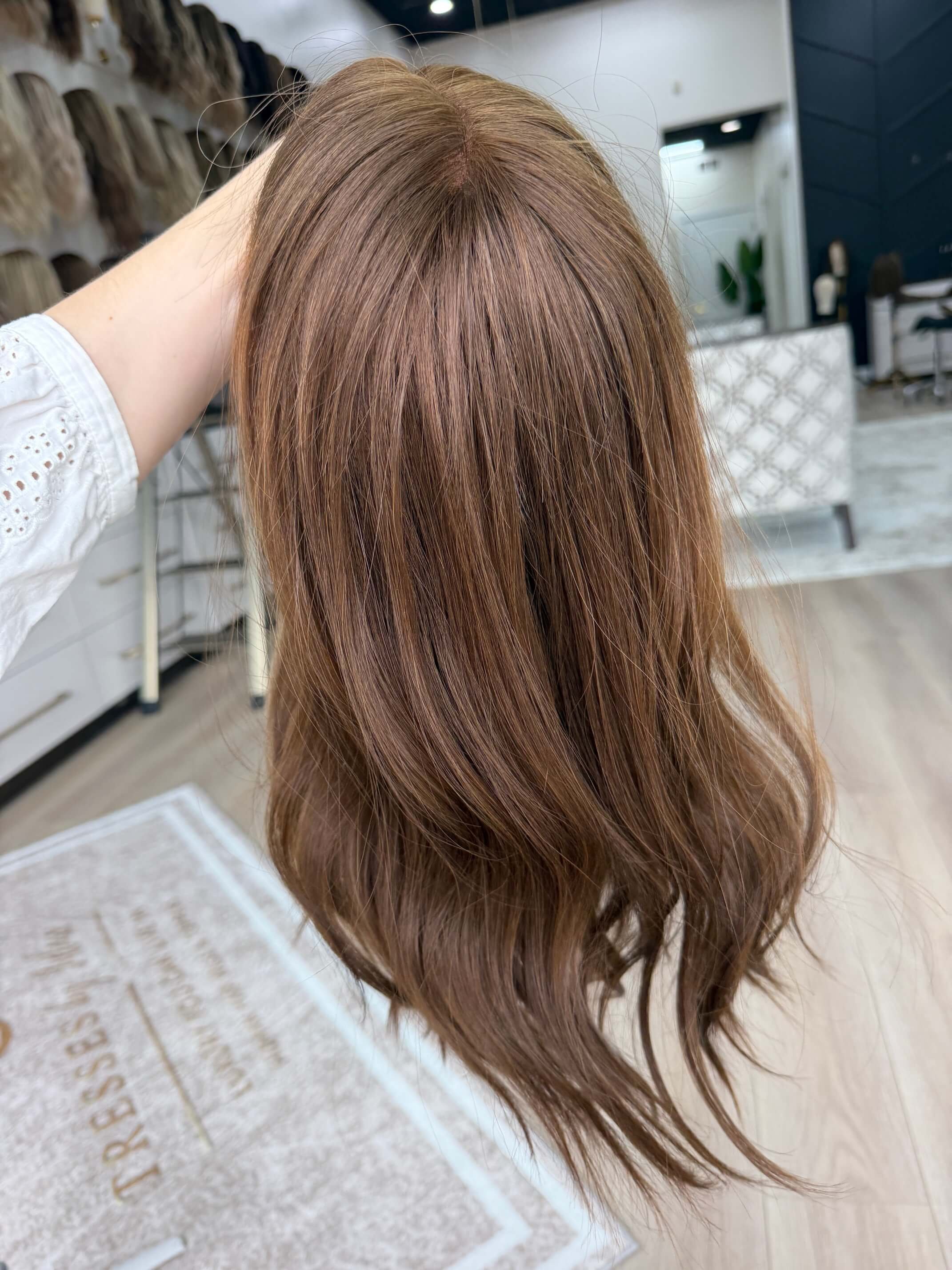 20-inch brown human hair wig with a Velvet Luxe base