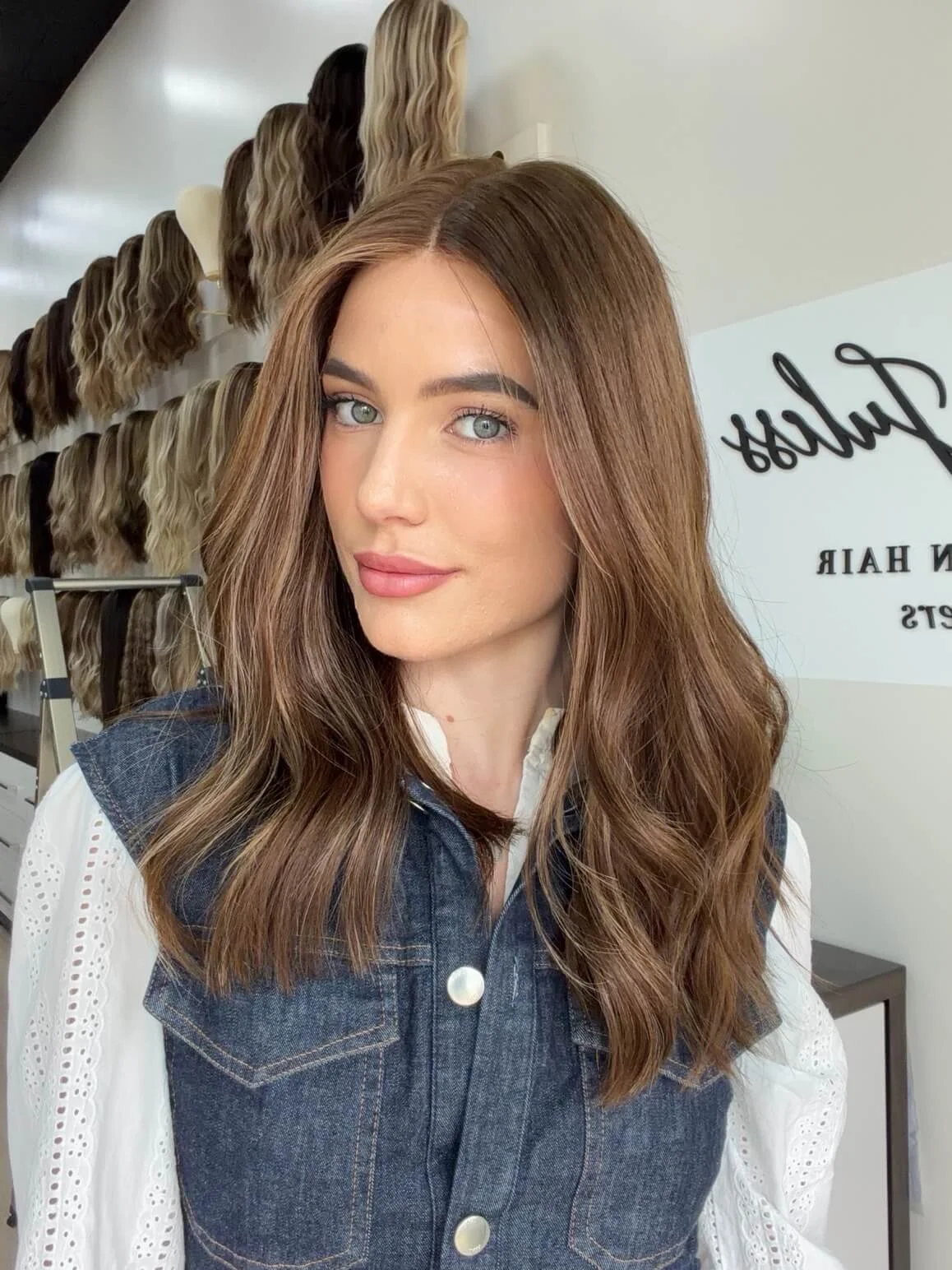 20-inch brown human hair wig with a Velvet Luxe base