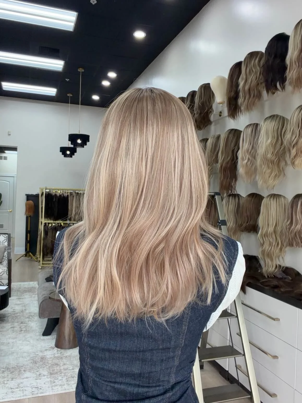 20-inch blonde human hair wig with a Velvet Luxe base
