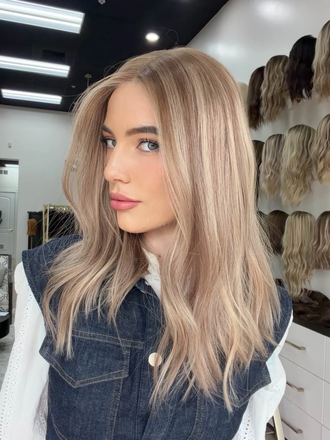 20-inch blonde human hair wig with a Velvet Luxe base