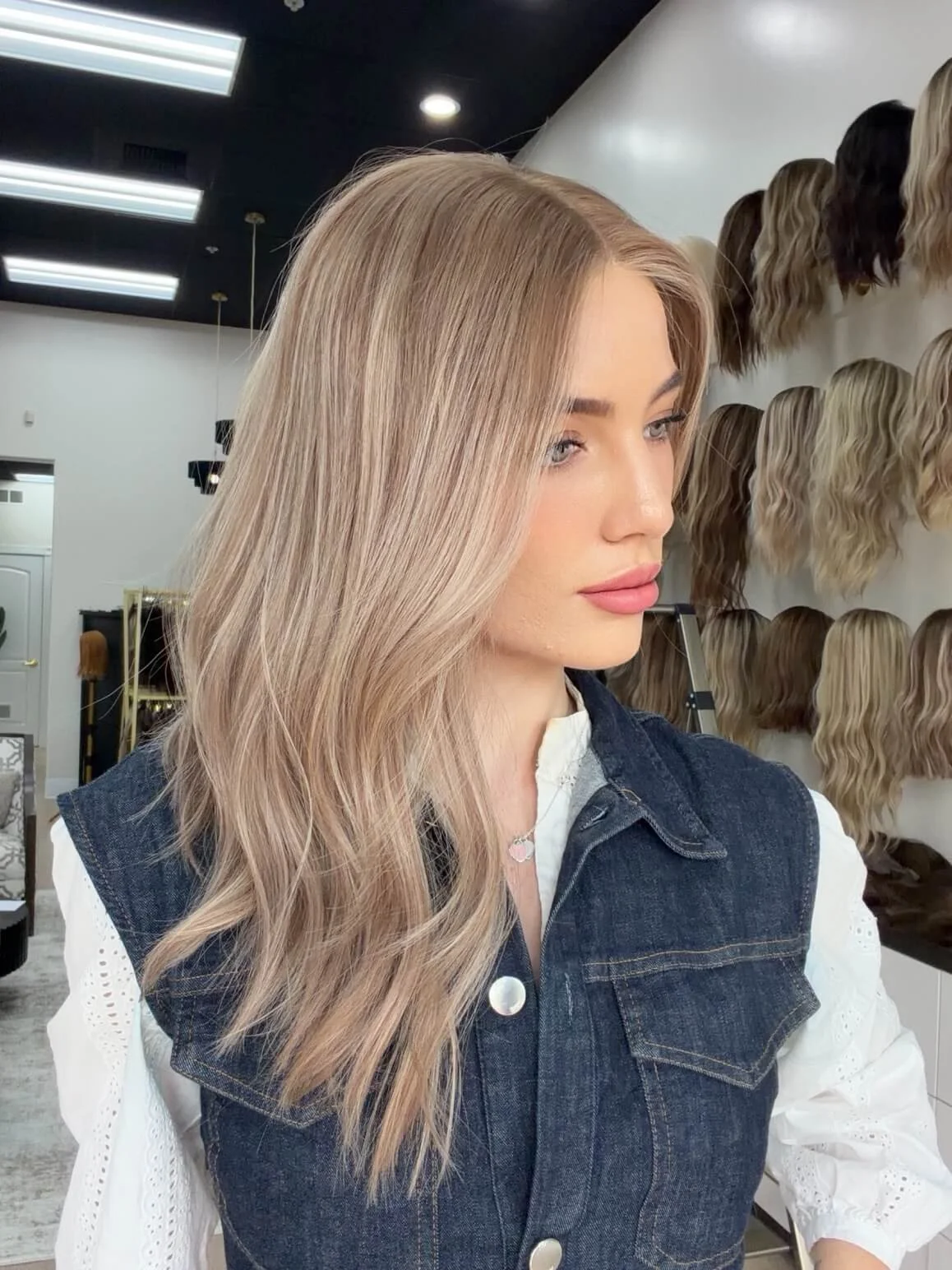 20-inch blonde human hair wig with a Velvet Luxe base