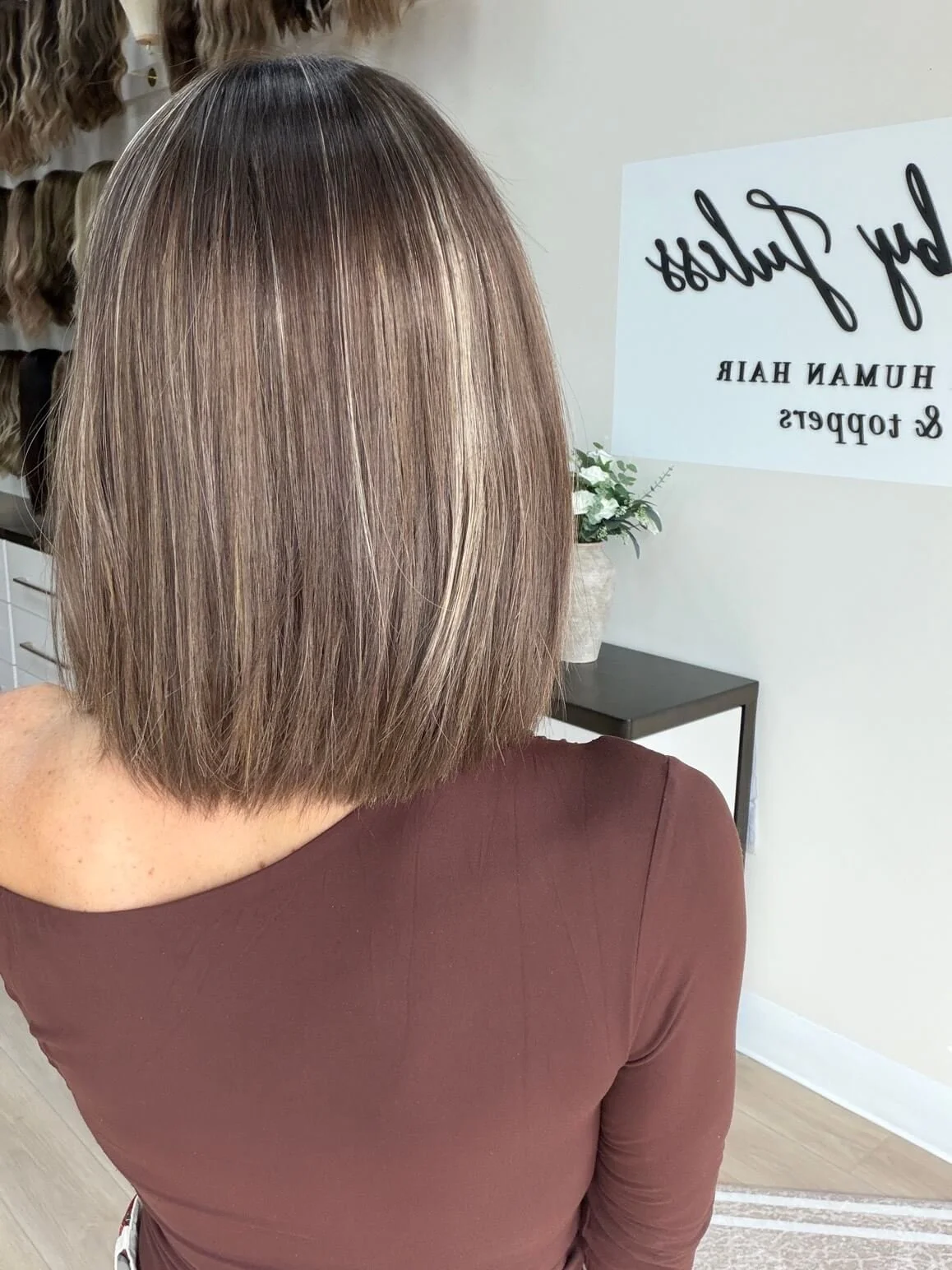 13-inch brown human hair wig with a Velvet Luxe base