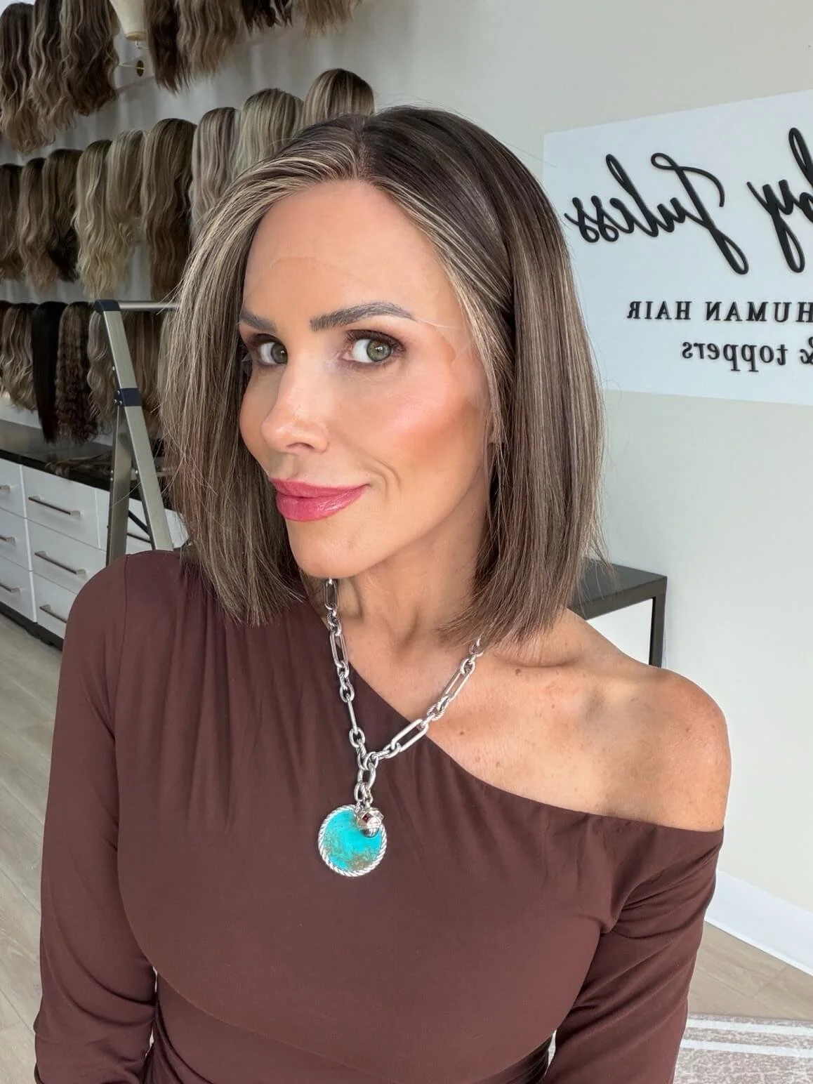 13-inch brown human hair wig with a Velvet Luxe base