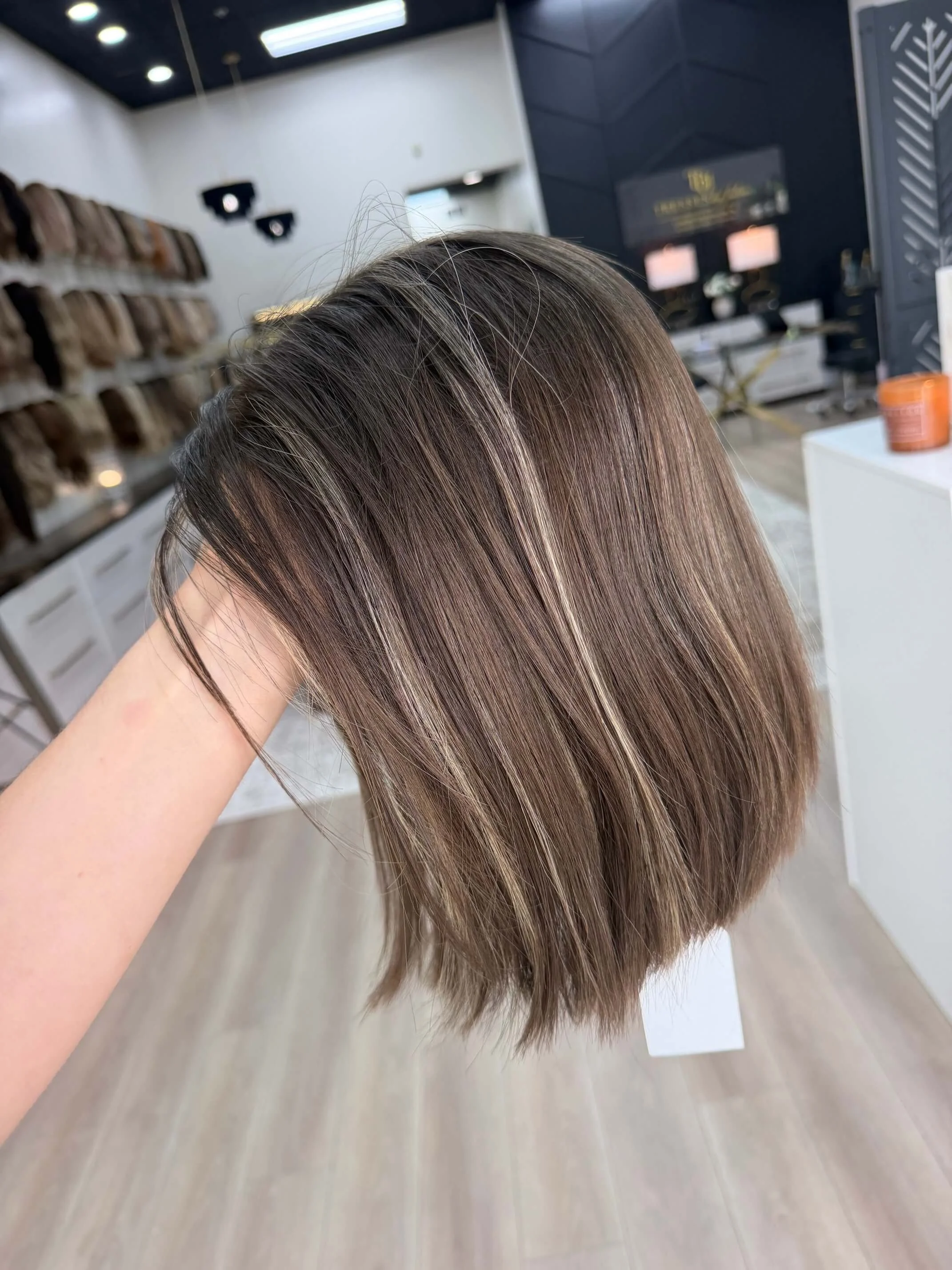 13-inch brown human hair wig with a Velvet Luxe base