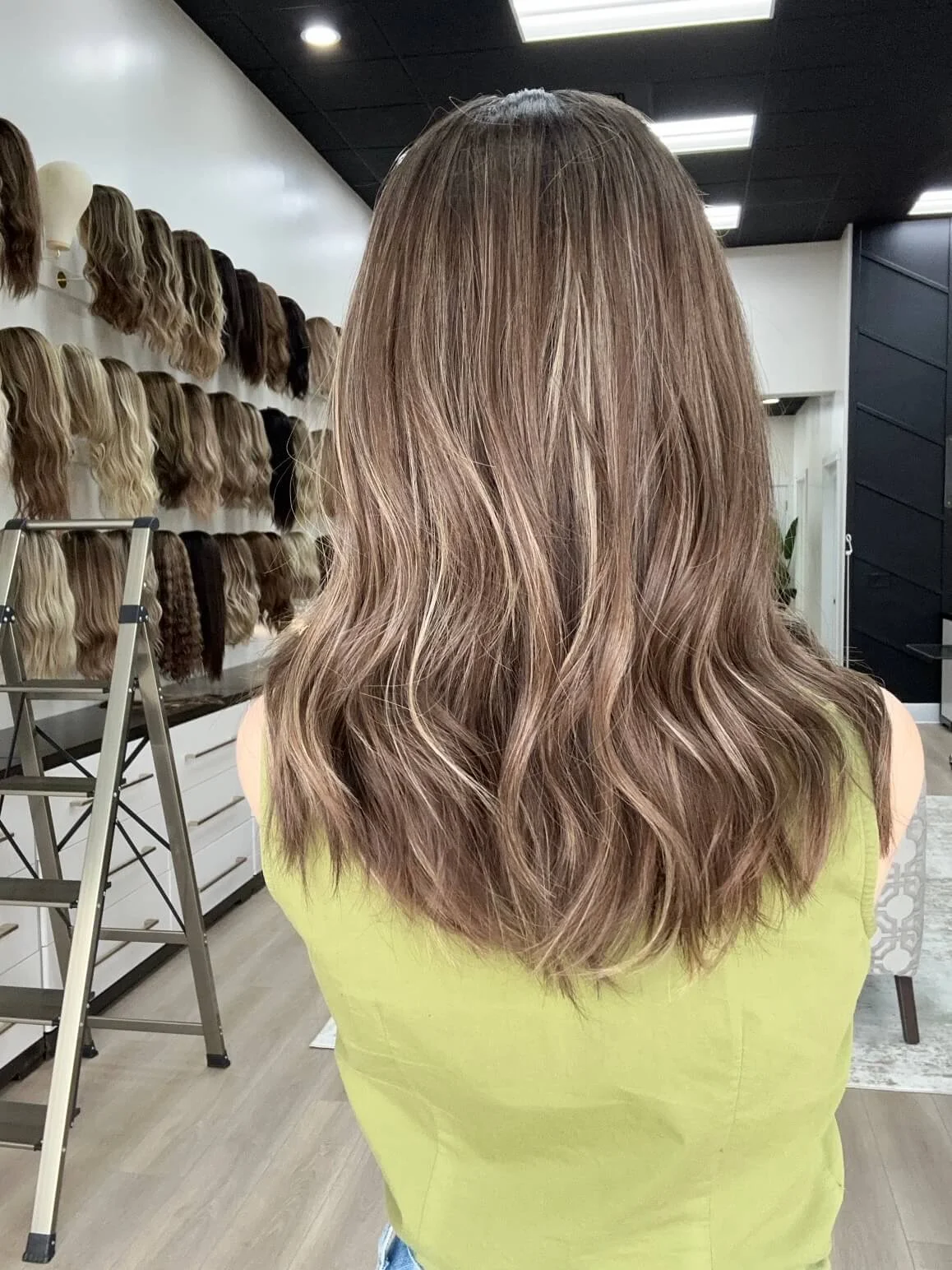 20-inch brown human hair wig with a Velvet Luxe base