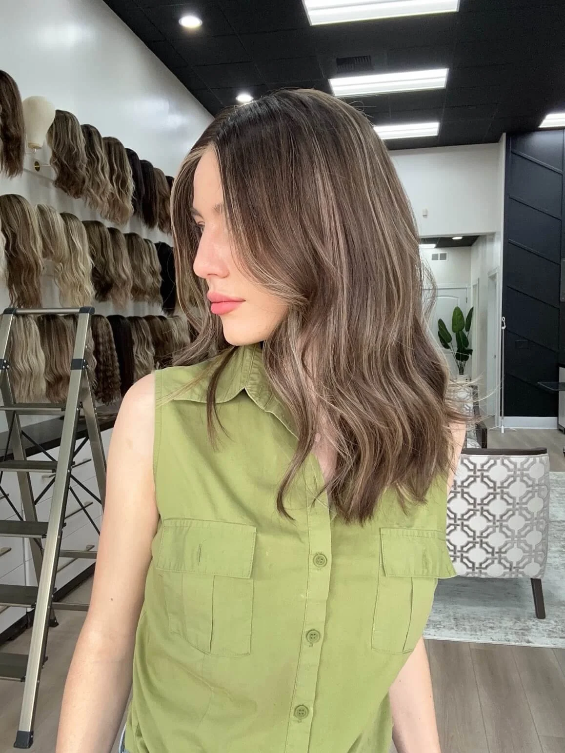 20-inch brown human hair wig with a Velvet Luxe base