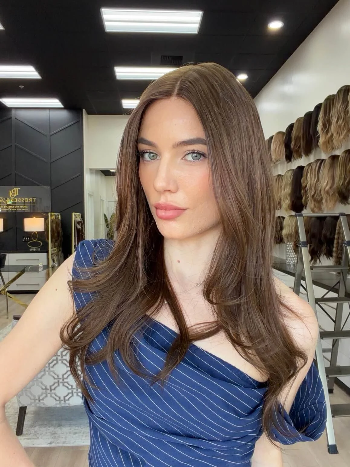 24-inch brown human hair wig with a Velvet Luxe base