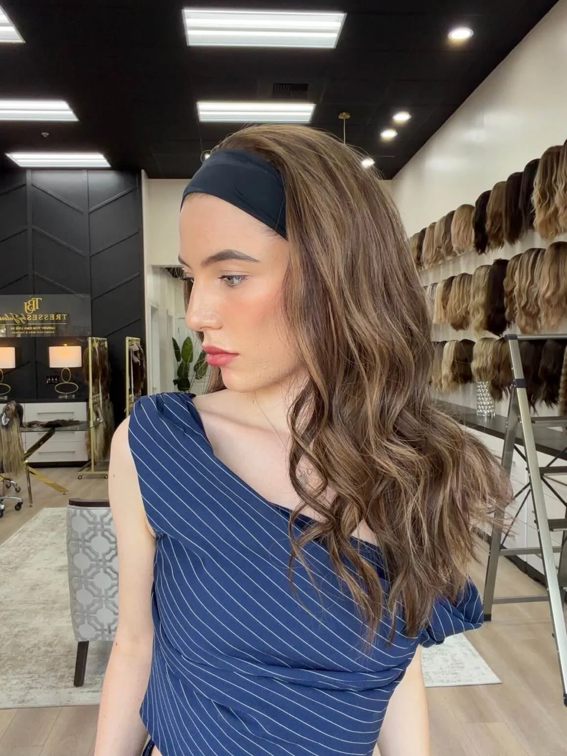 21-inch brown Slavic human hair wig with a natural-looking base