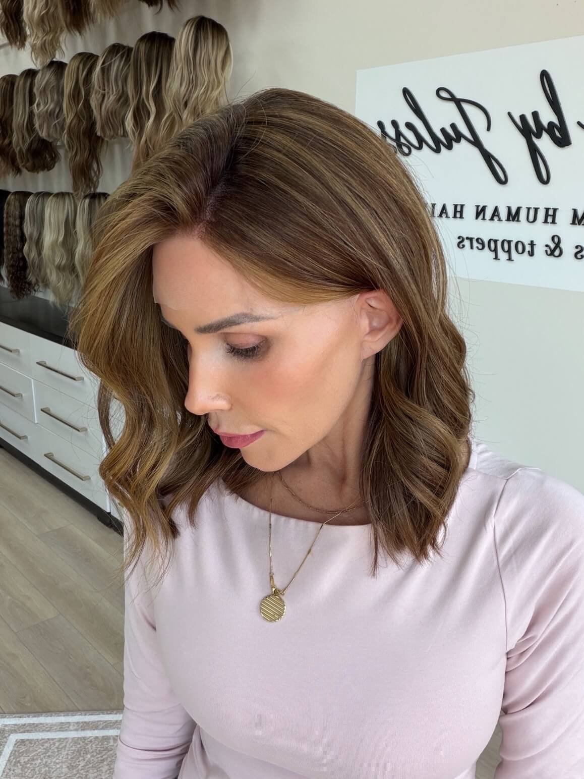 17-inch bronde Slavic human hair wig with a Diamond Lace Top base