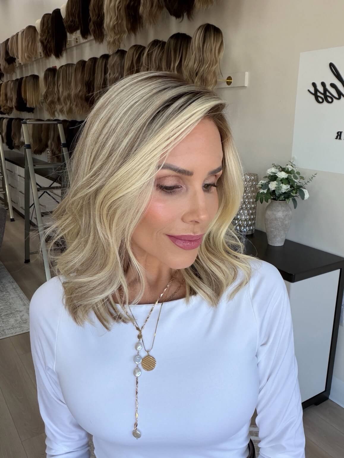 17-inch blonde Slavic human hair wig with a Diamond Lace Top base