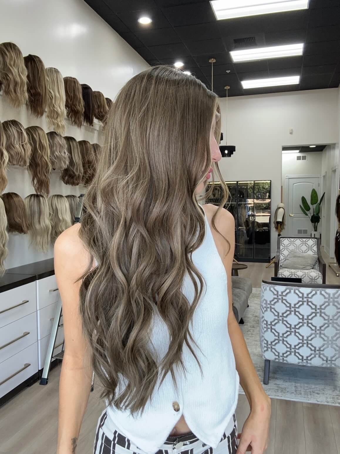 28-inch brown human hair wig with a Velvet Luxe base