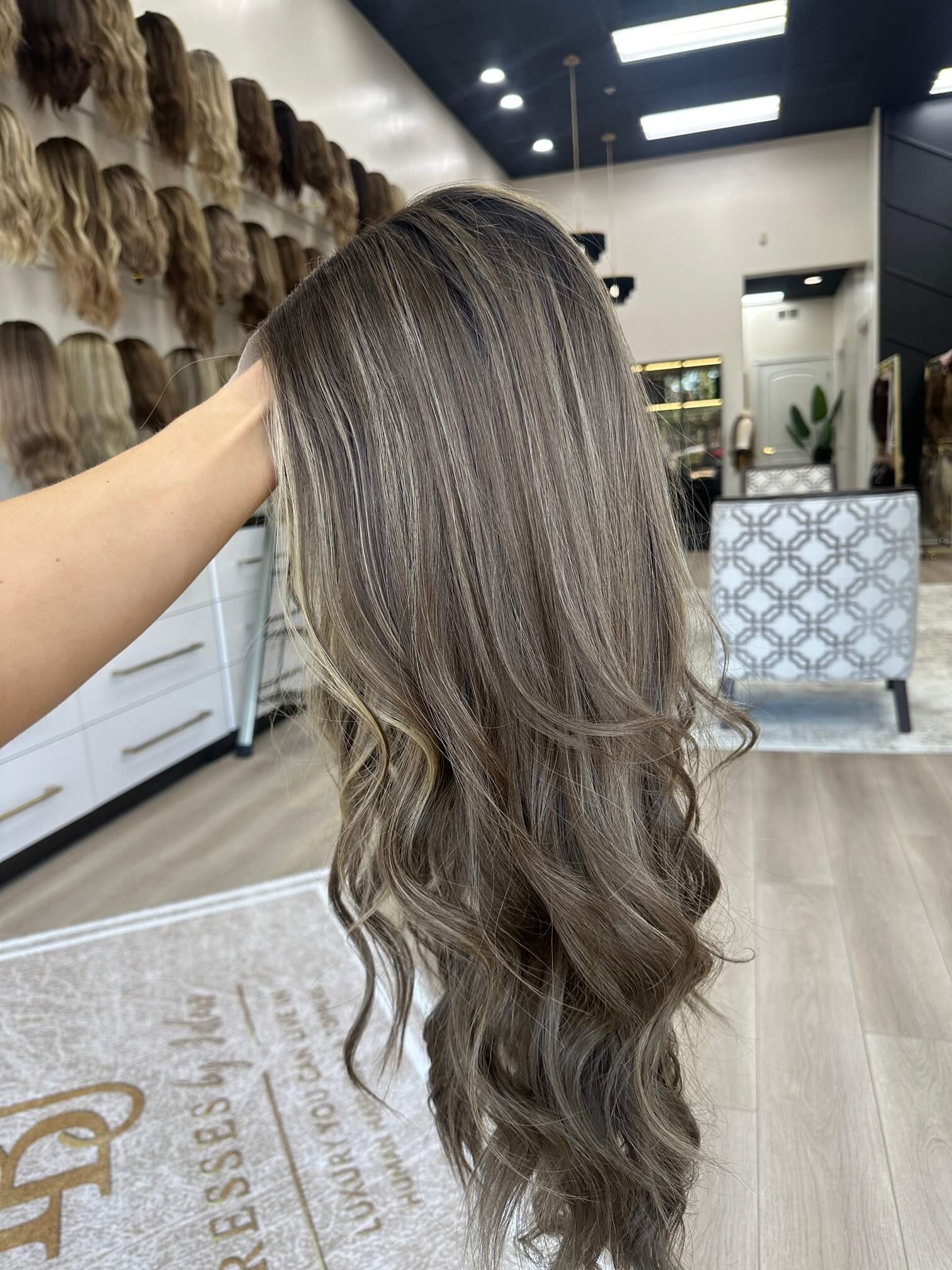 28-inch brown human hair wig with a Velvet Luxe base